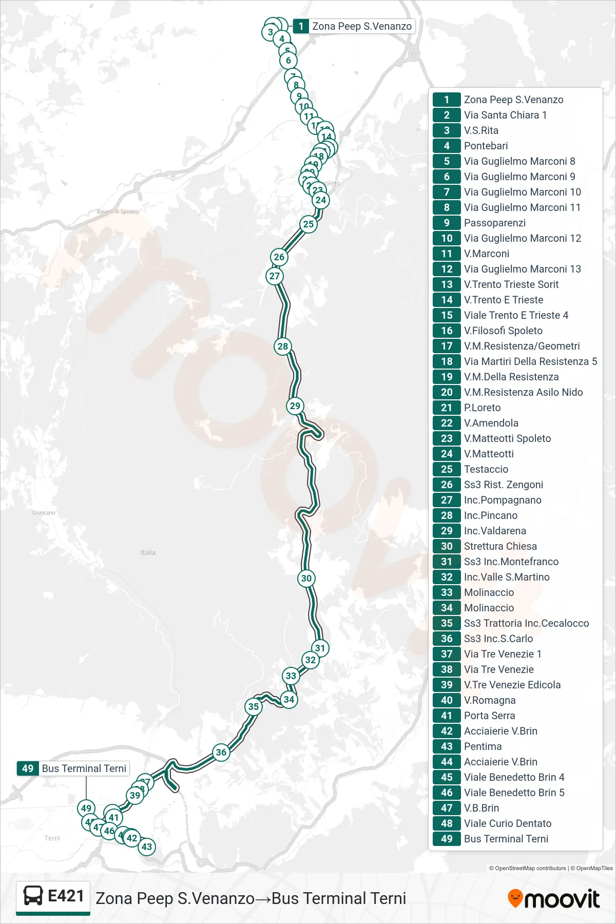Linea E421  bus (Zona Peep S.Venanzo‎→Bus Terminal Terni) - Percorsi e fermate sulla mappa