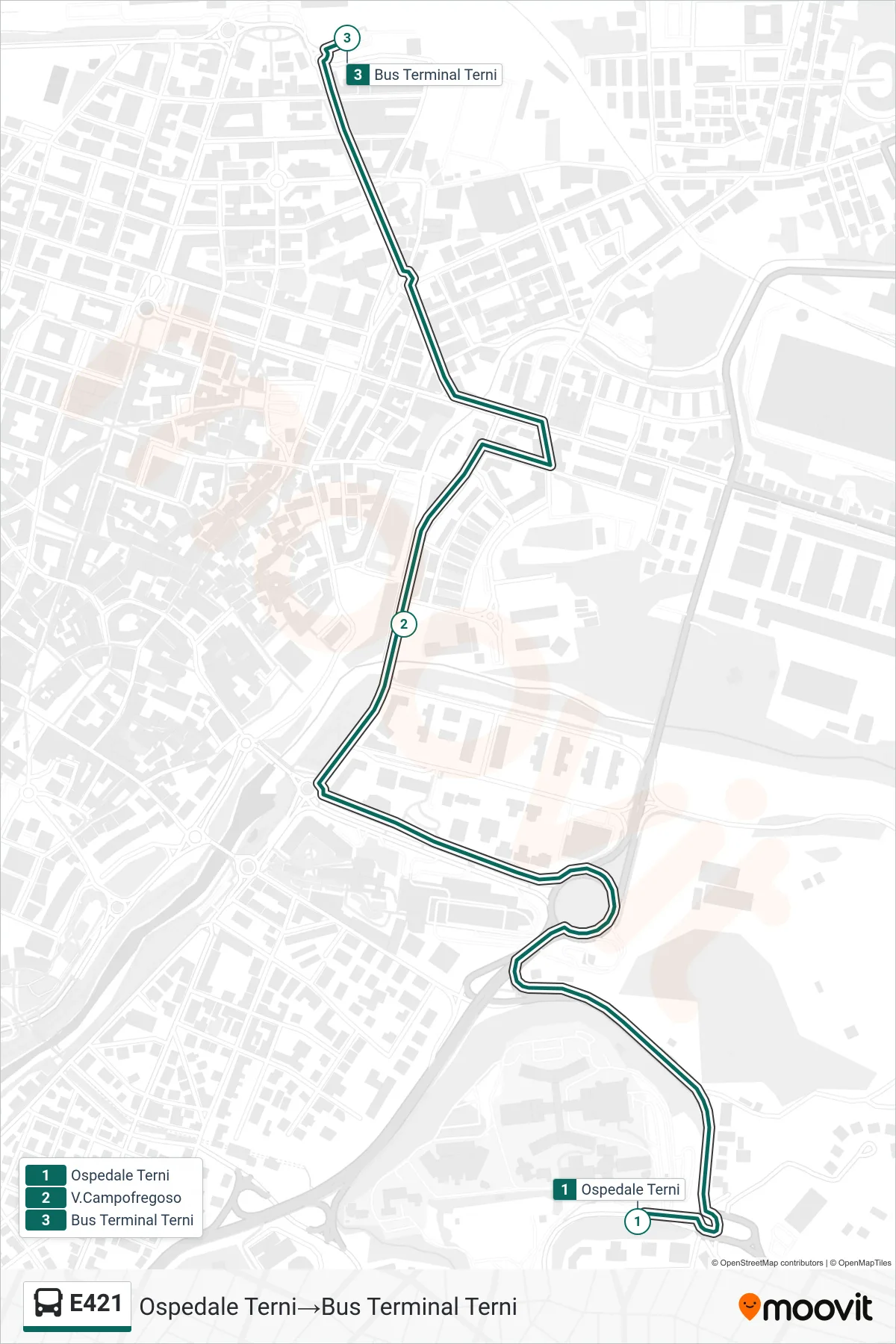 Linea E421 bus (Ospedale Terni→Bus Terminal Terni) - Percorsi e fermate sulla mappa
