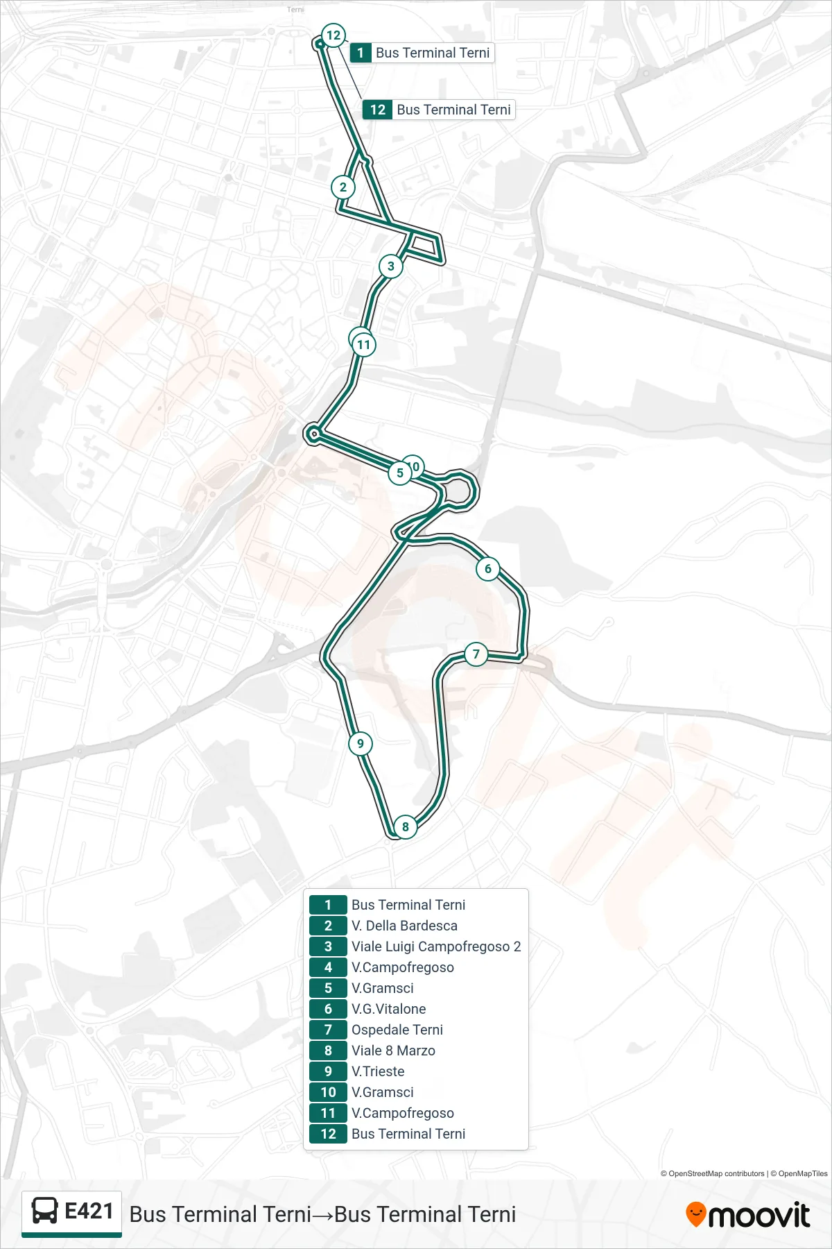Linea E421 bus (Bus Terminal Terni→Bus Terminal Terni) - Percorsi e fermate sulla mappa