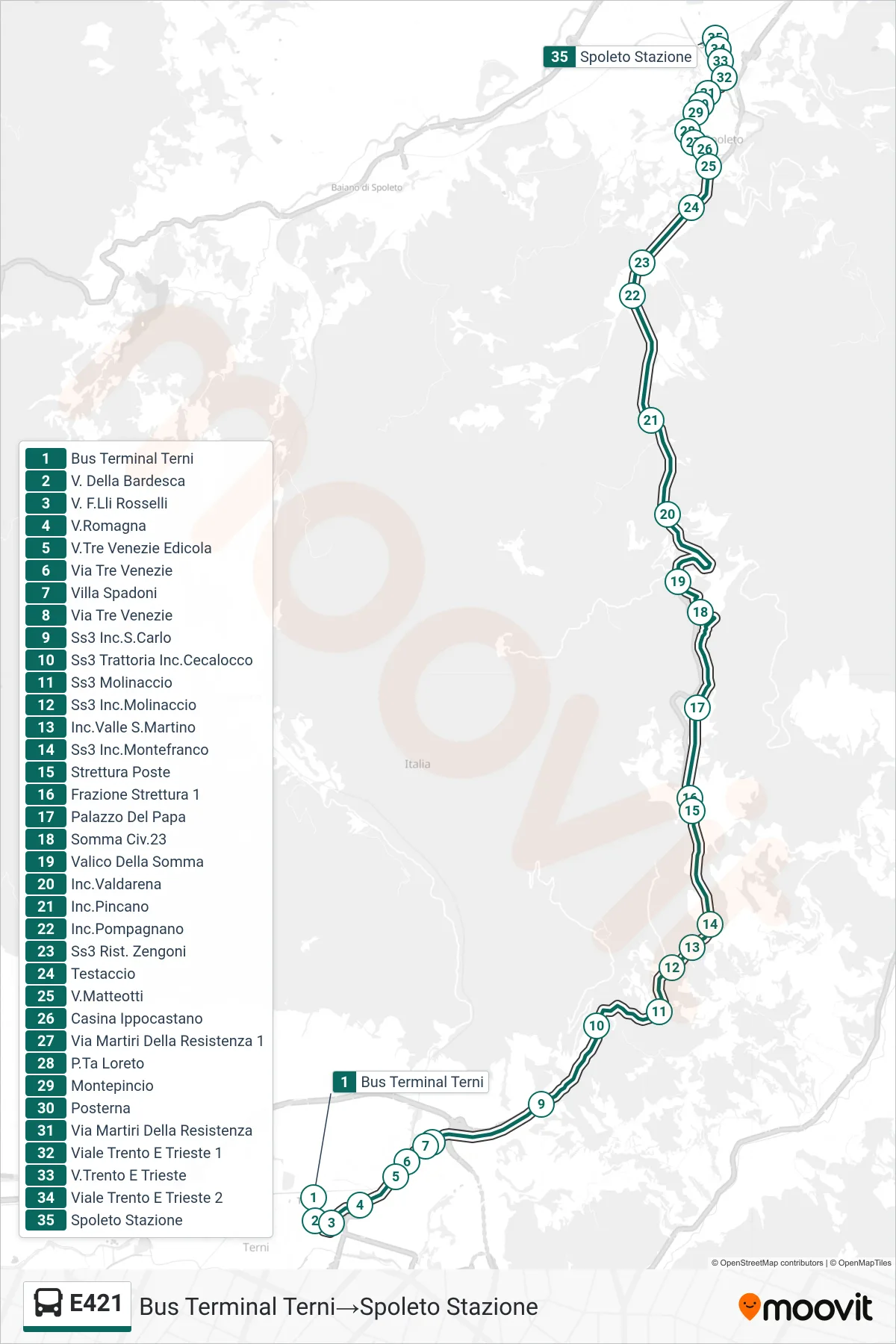 E421 bus Line (Bus Terminal Terni→Spoleto Station) route and stops on a map