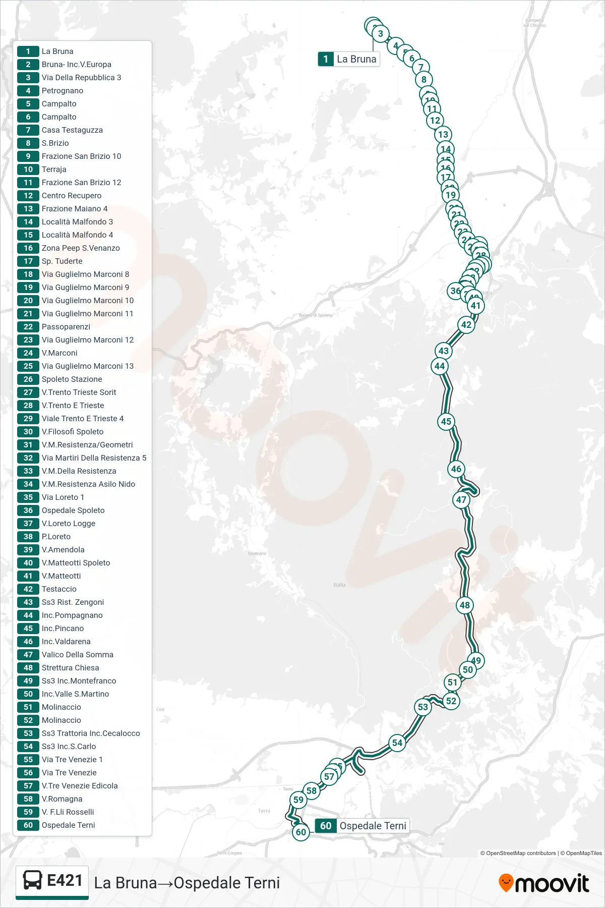 Linea E421 bus (La Bruna→Ospedale Terni) - Percorsi e fermate sulla mappa