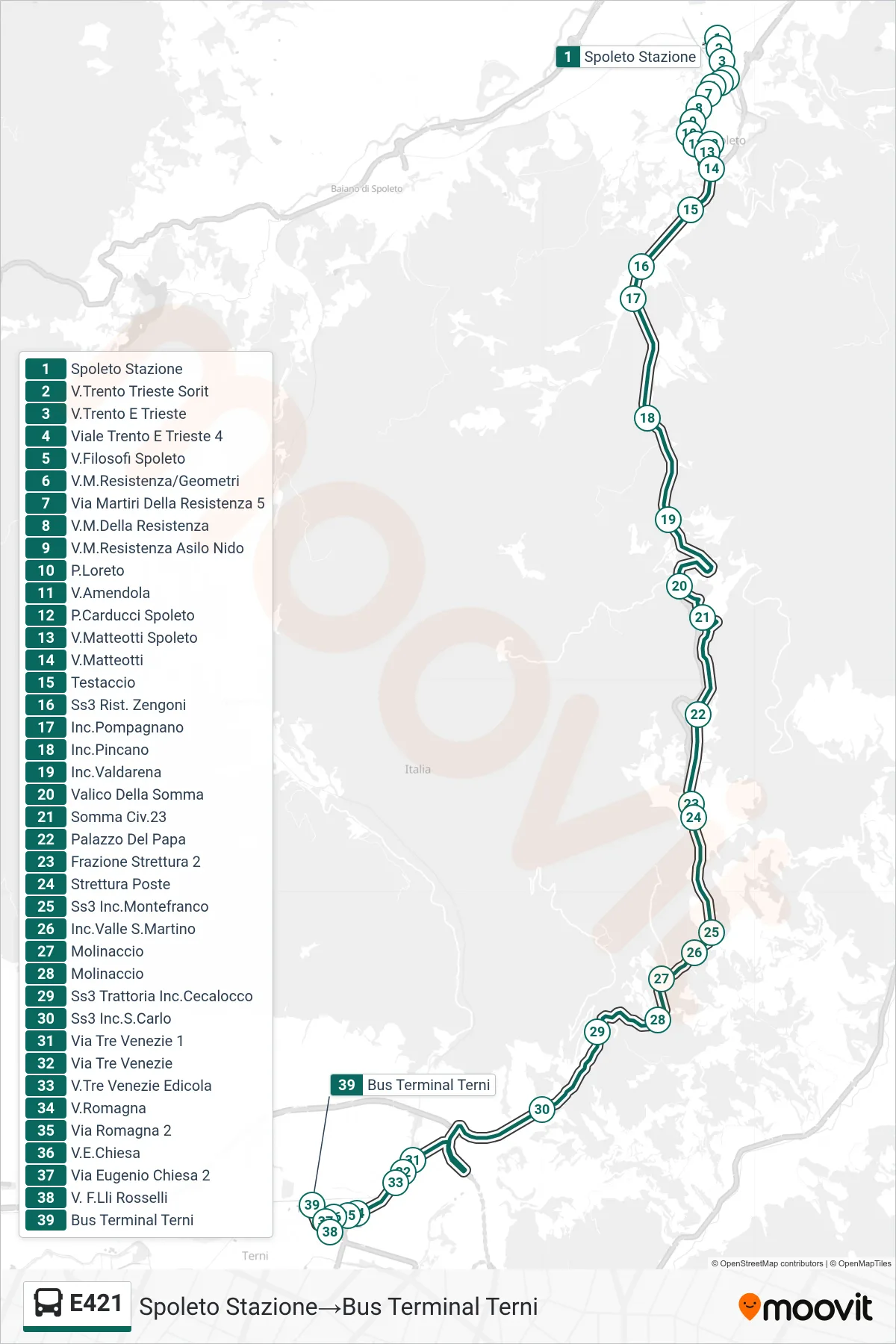 E421 bus Line (Spoleto Station→Bus Terminal Terni) route and stops on a map