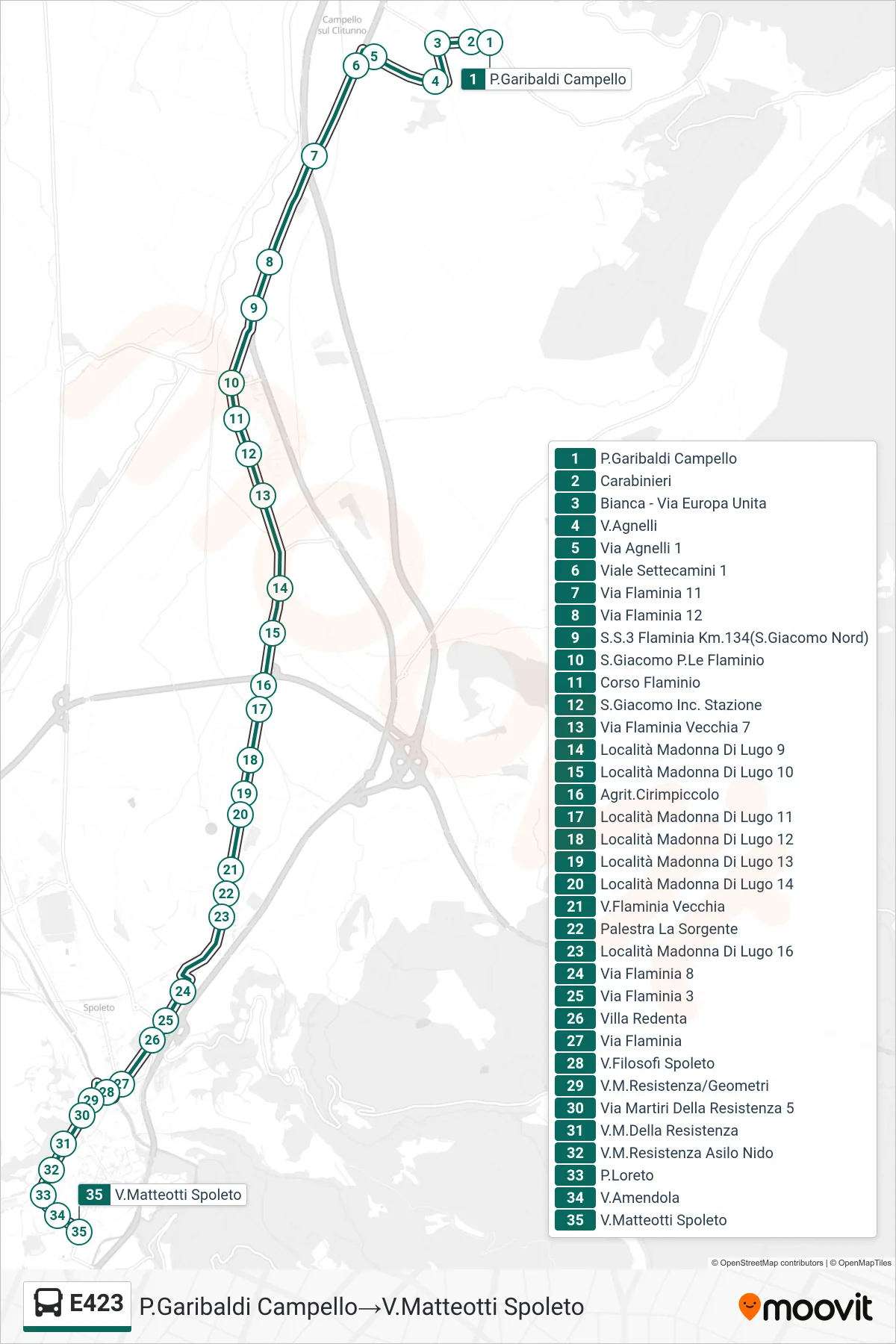 Linea E423 bus (P.Garibaldi Campello→V.Matteotti Spoleto) - Percorsi e fermate sulla mappa