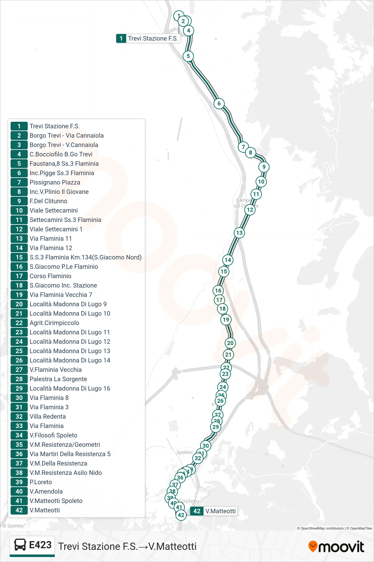 Linea E423 bus (Trevi Stazione F.S.→V.Matteotti) - Percorsi e fermate sulla mappa