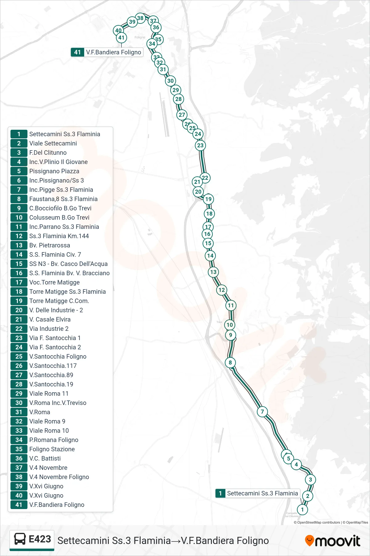 Linea E423 bus (Settecamini Ss.3 Flaminia→V.F.Bandiera Foligno) - Percorsi e fermate sulla mappa