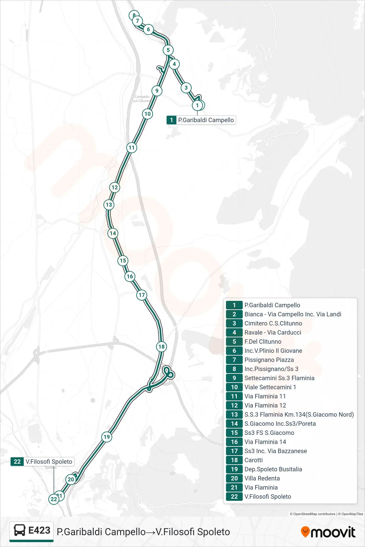 Linea E423 bus (P.Garibaldi Campello→V.Filosofi Spoleto) - Percorsi e fermate sulla mappa