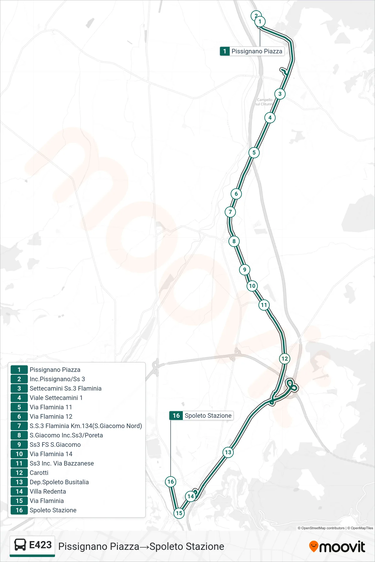 Linea E423 bus (Pissignano Piazza→Spoleto Stazione) - Percorsi e fermate sulla mappa