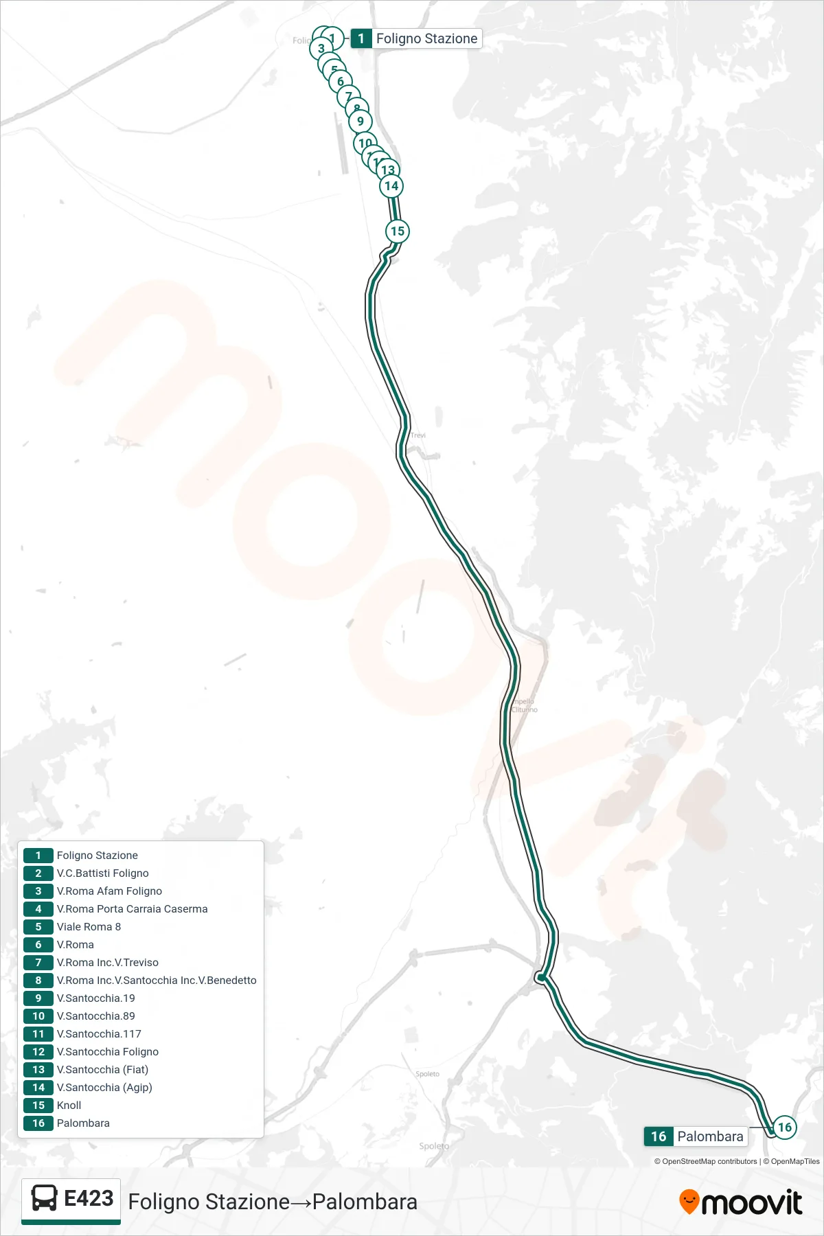 E423 bus Line (Foligno Station→Palombara) route and stops on a map