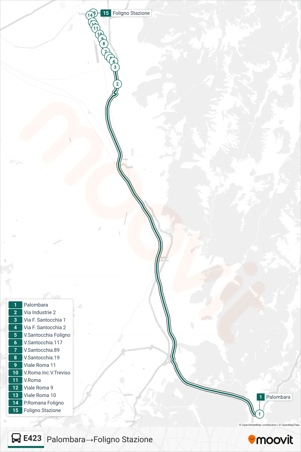 E423 bus Line (Palombara‎→Foligno Station) route and stops on a map