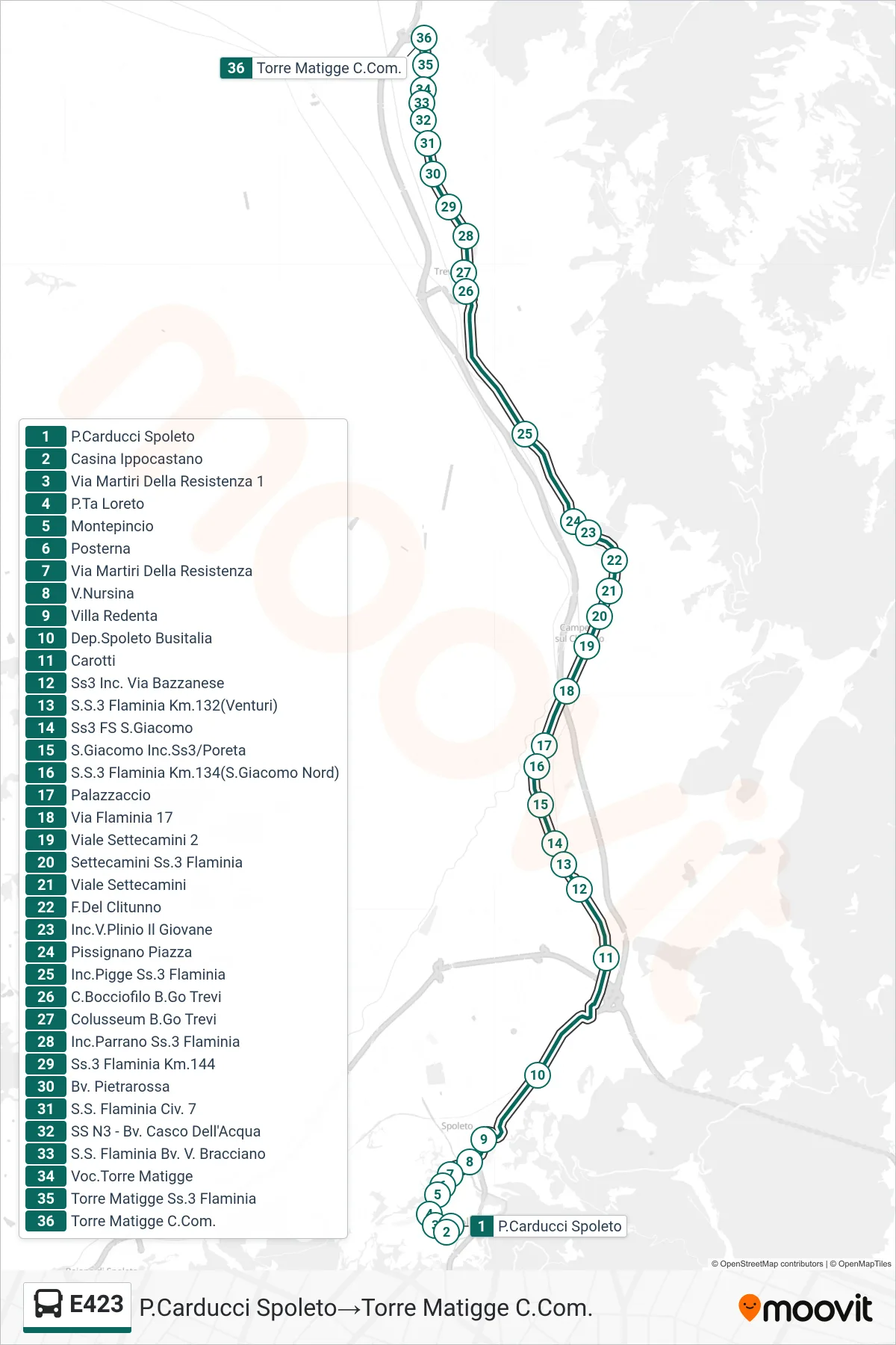 Linea E423 bus (P.Carducci Spoleto→Torre Matigge C.Com.) - Percorsi e fermate sulla mappa