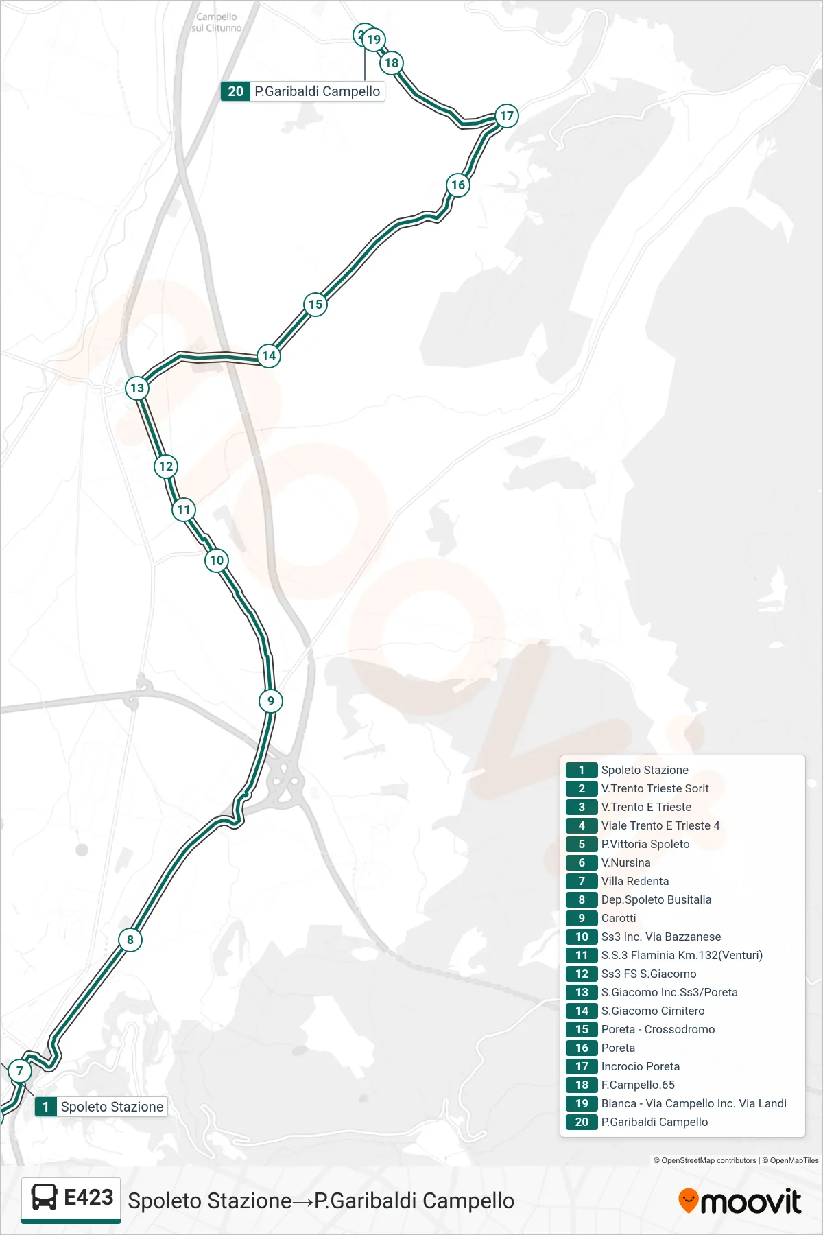 Linea E423 bus (Spoleto Stazione→P.Garibaldi Campello) - Percorsi e fermate sulla mappa