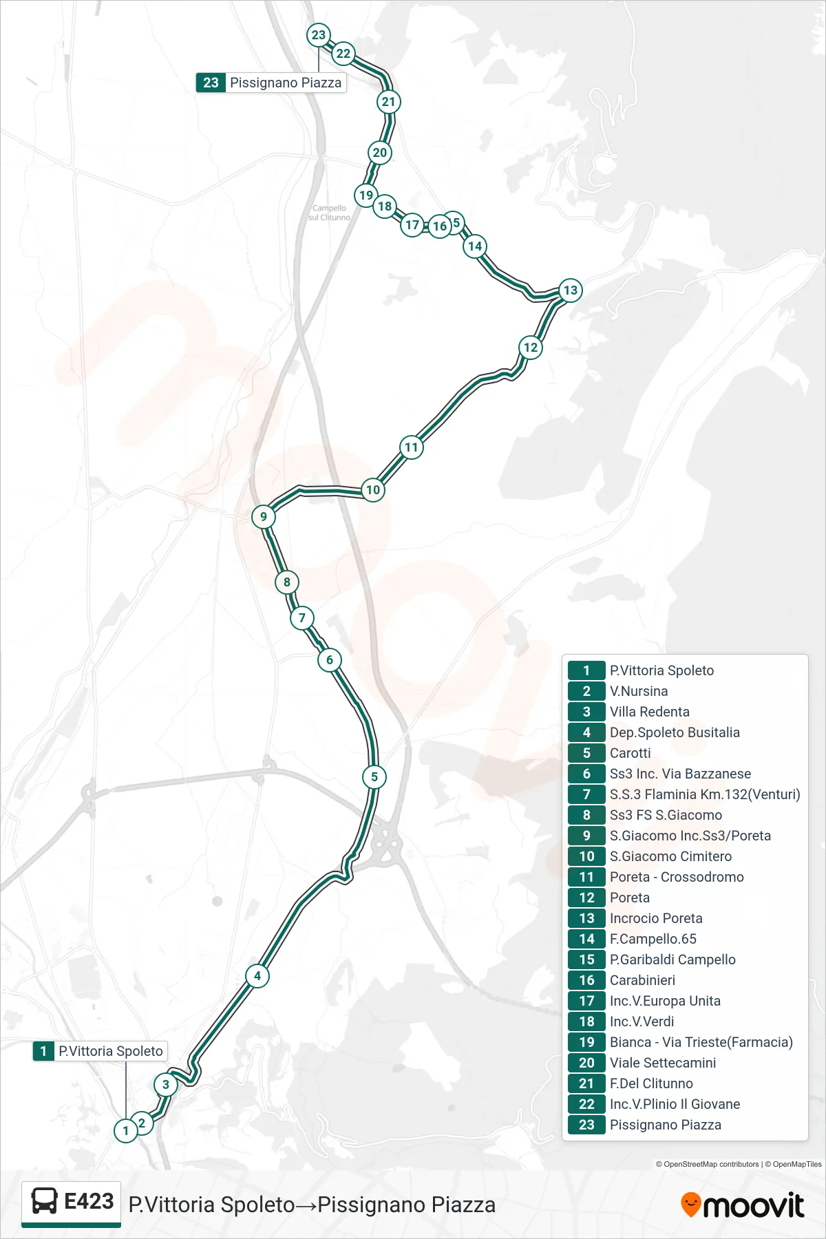 Linea E423  bus (P.Vittoria Spoleto‎→Pissignano Piazza) - Percorsi e fermate sulla mappa