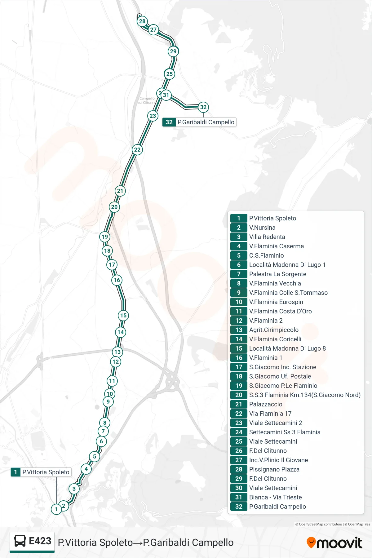 Linea E423  bus (P.Vittoria Spoleto‎→P.Garibaldi Campello) - Percorsi e fermate sulla mappa