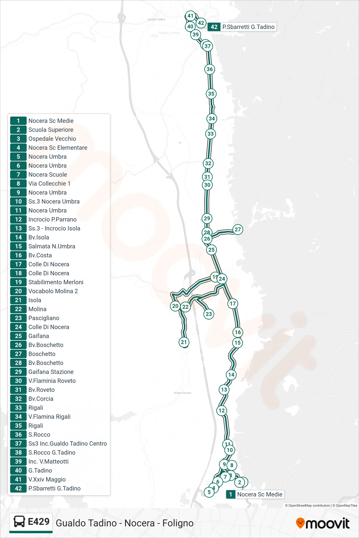 E429 bus Line (Nocera Middle School→P.Sbarretti G.Tadino) route and stops on a map