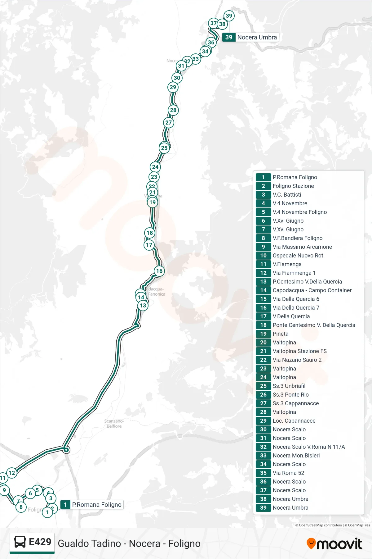 Linea E429 bus (P.Romana Foligno→Nocera Umbra) - Percorsi e fermate sulla mappa