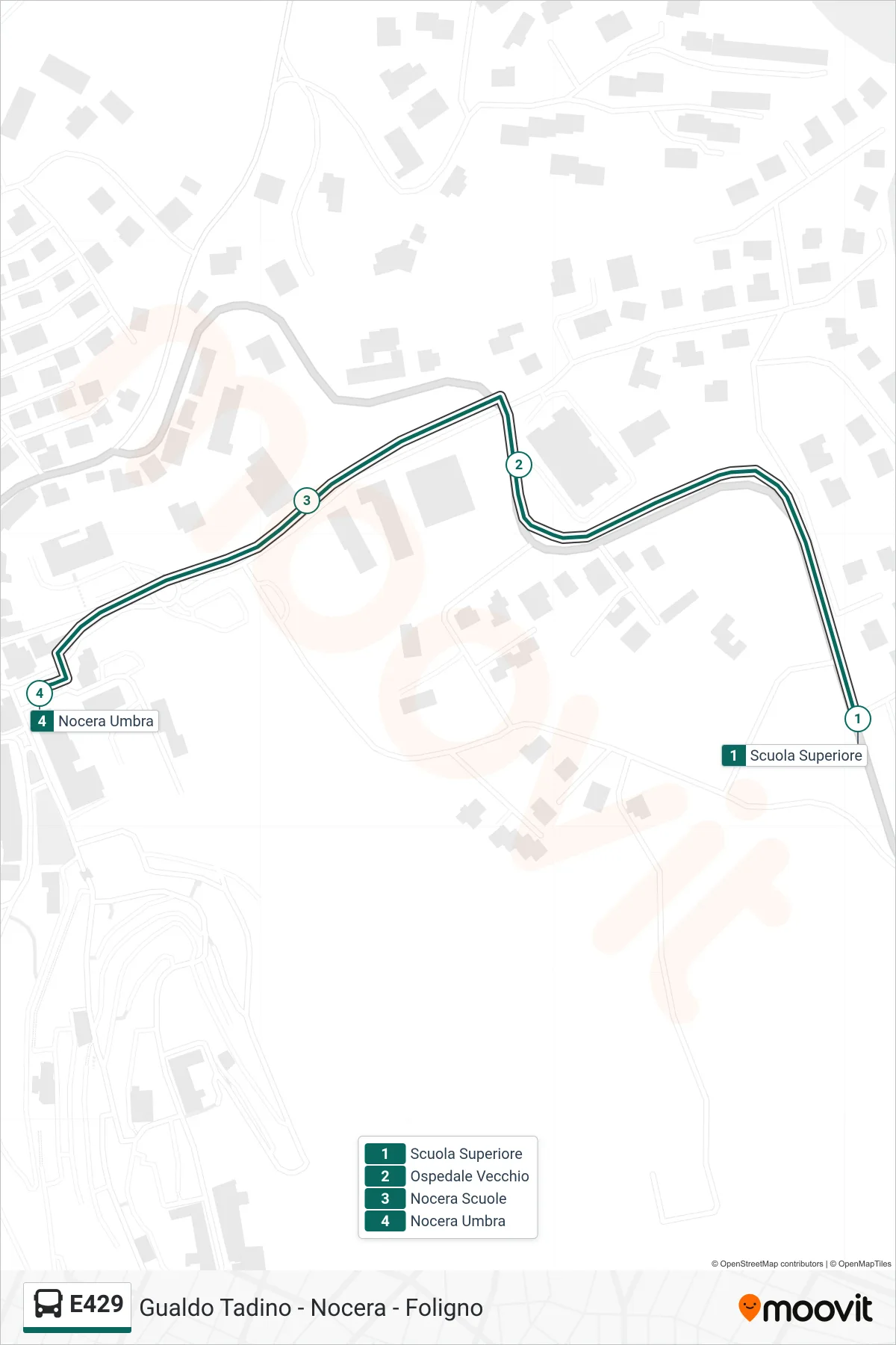Linea E429  bus (Scuola Superiore‎→Nocera Umbra) - Percorsi e fermate sulla mappa