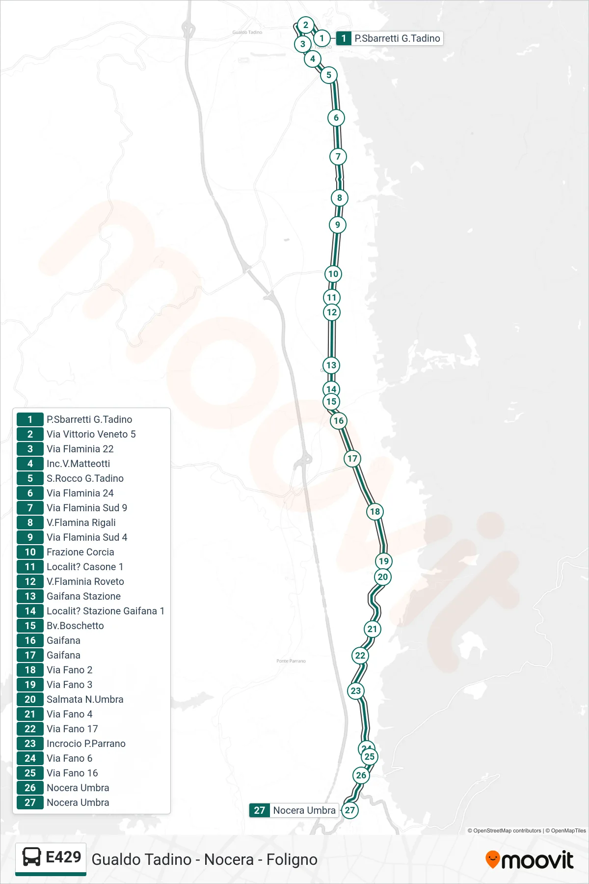 Linea E429 bus (P.Sbarretti G.Tadino→Nocera Umbra) - Percorsi e fermate sulla mappa