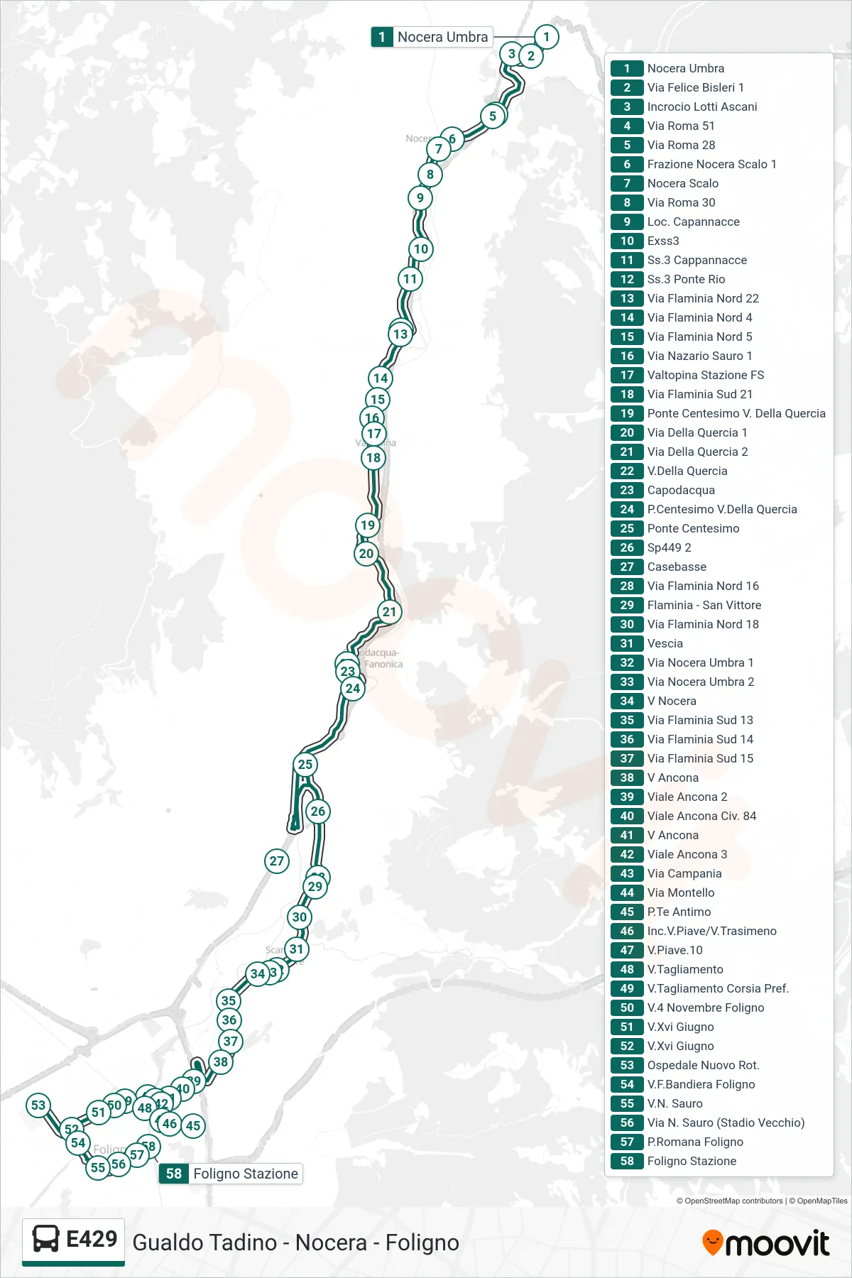 Linea E429  bus (Nocera Umbra‎→Foligno Stazione) - Percorsi e fermate sulla mappa