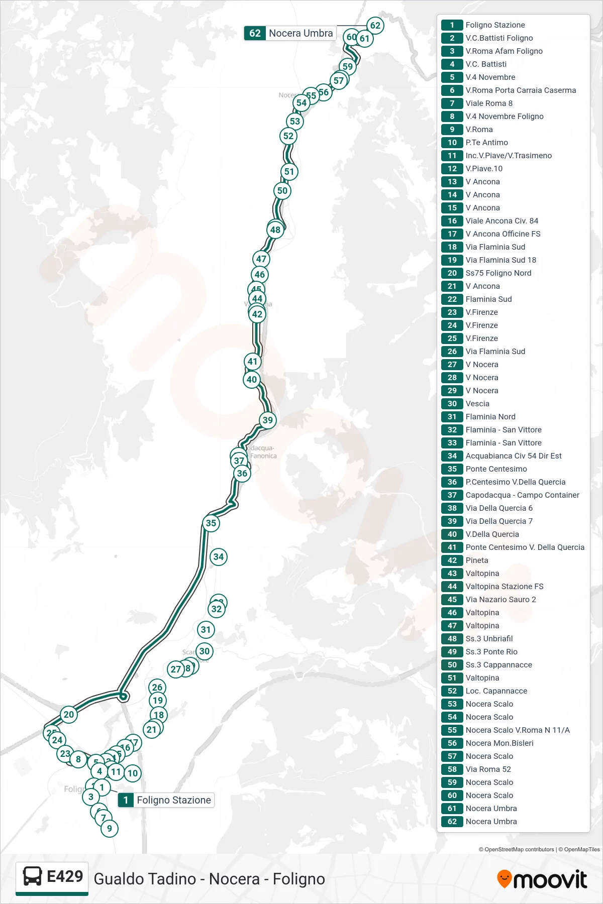 Linea E429 bus (Foligno Stazione→Nocera Umbra) - Percorsi e fermate sulla mappa