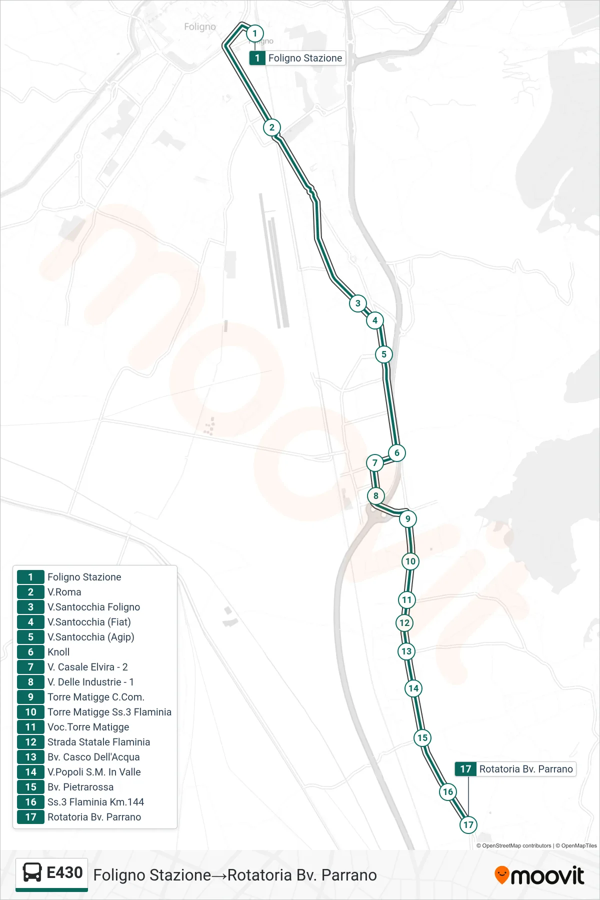 Linea E430 bus (Foligno Stazione→Rotatoria Bv. Parrano) - Percorsi e fermate sulla mappa