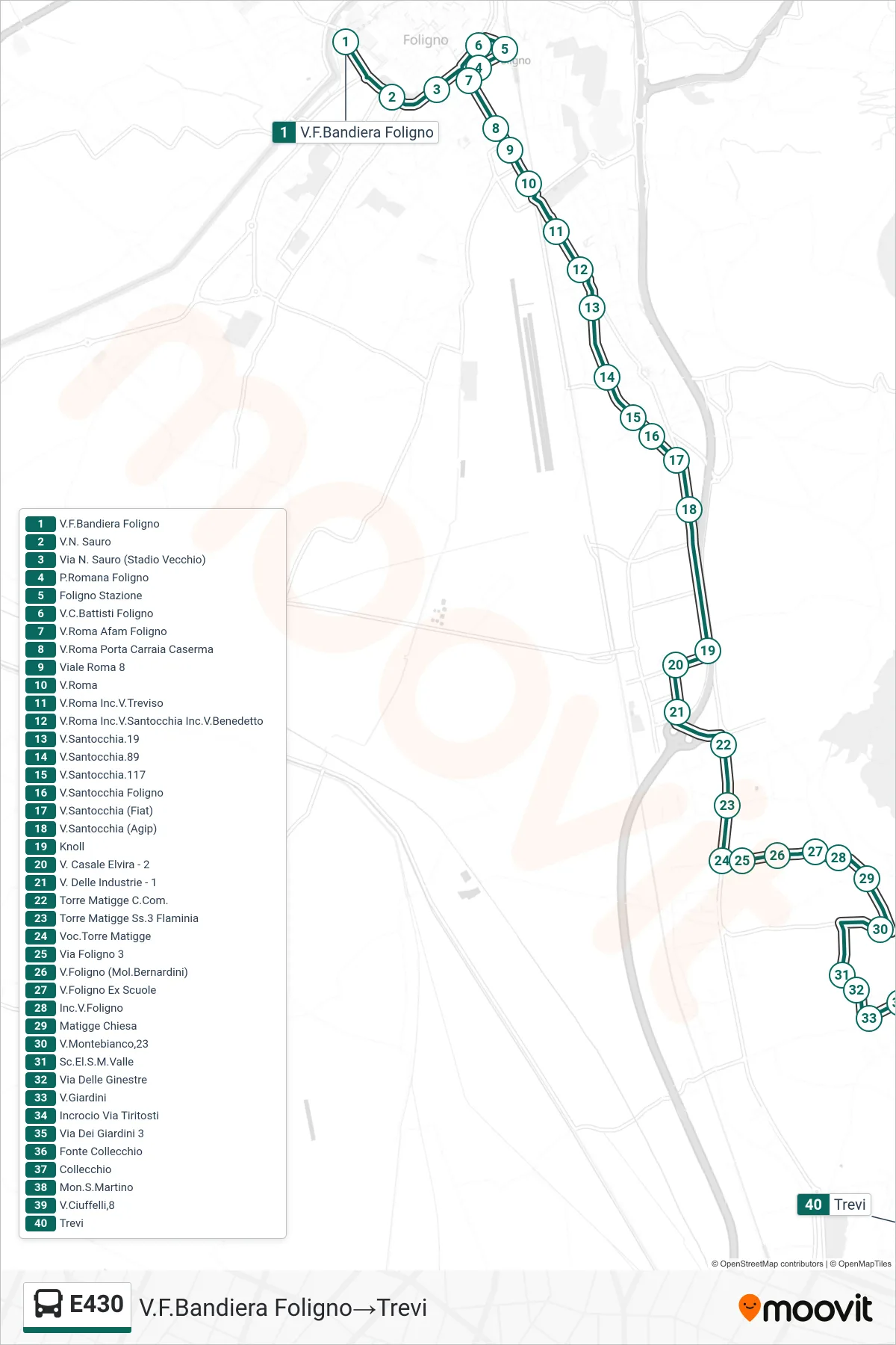 Linea E430 bus (V.F.Bandiera Foligno→Trevi) - Percorsi e fermate sulla mappa