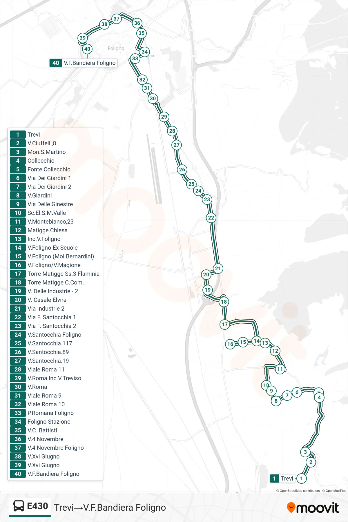Linea E430 bus (Trevi→V.F.Bandiera Foligno) - Percorsi e fermate sulla mappa