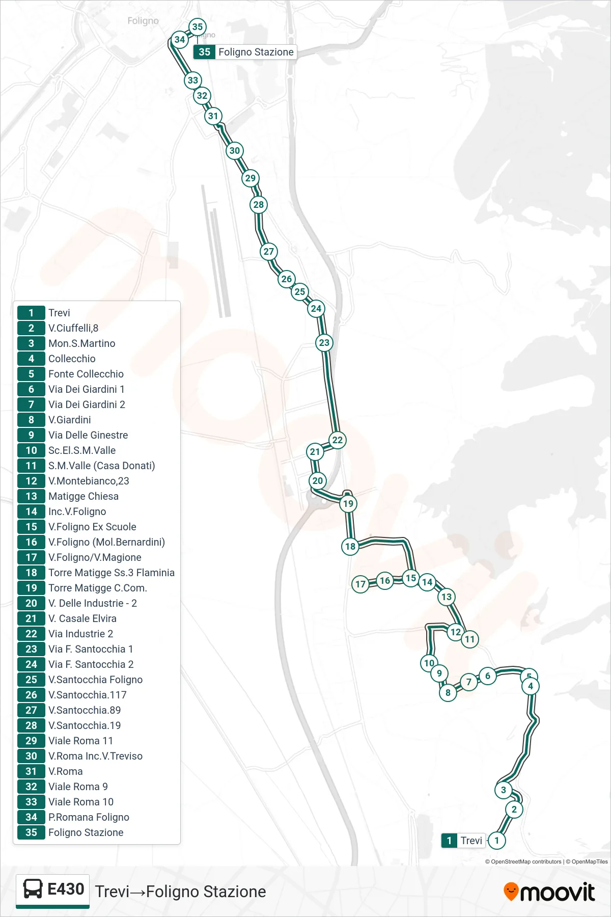 Linea E430  bus (Trevi‎→Foligno Stazione) - Percorsi e fermate sulla mappa