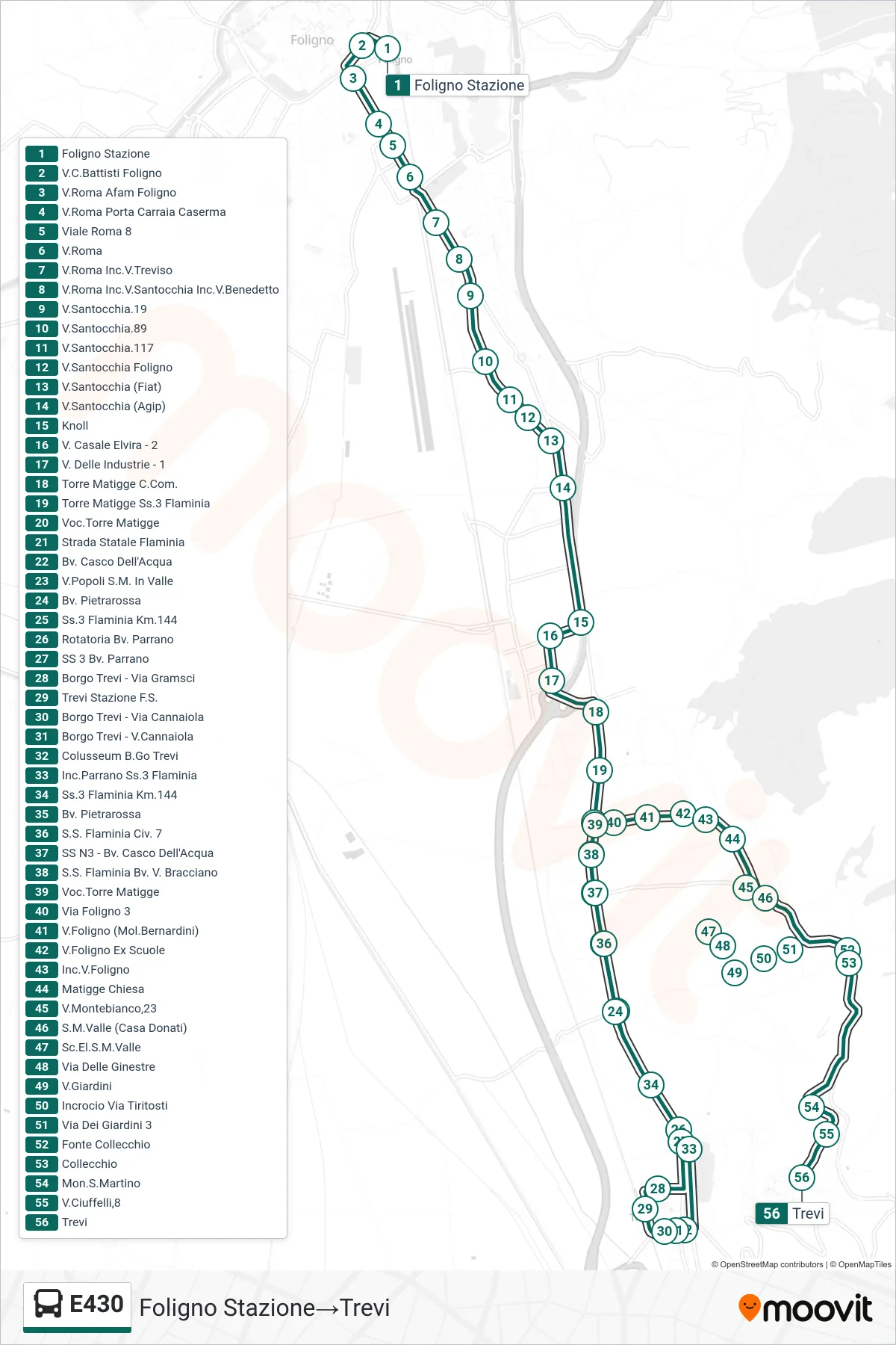 Linea E430 bus (Foligno Stazione→Trevi) - Percorsi e fermate sulla mappa