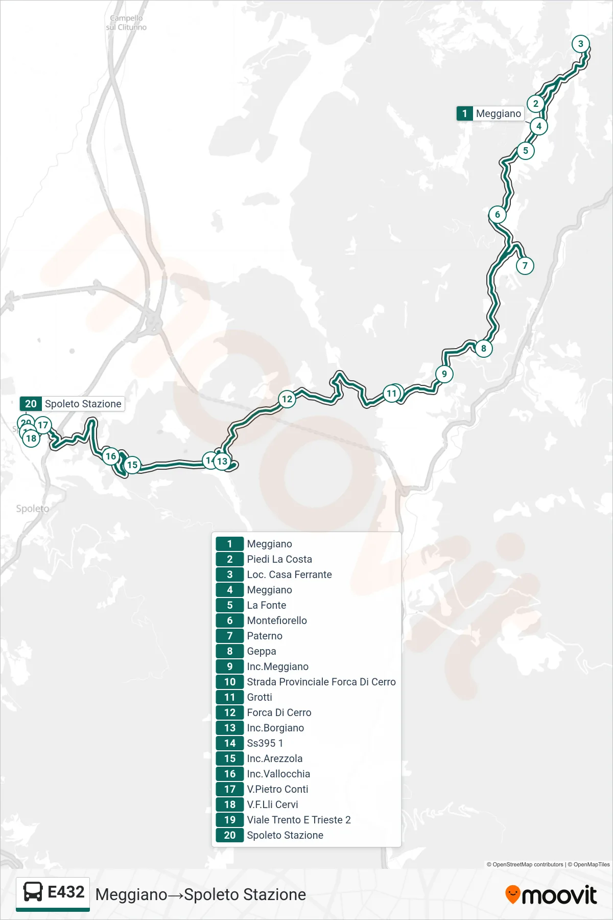 Linea E432 bus (Meggiano→Spoleto Stazione) - Percorsi e fermate sulla mappa