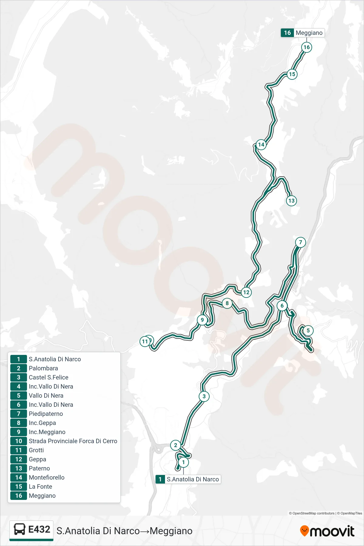 Linea E432 bus (S.Anatolia Di Narco→Meggiano) - Percorsi e fermate sulla mappa