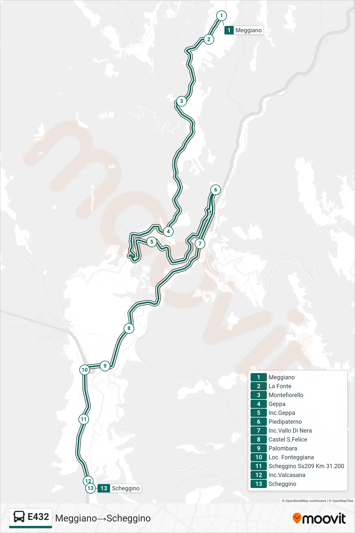 Linea E432  bus (Meggiano‎→Scheggino) - Percorsi e fermate sulla mappa