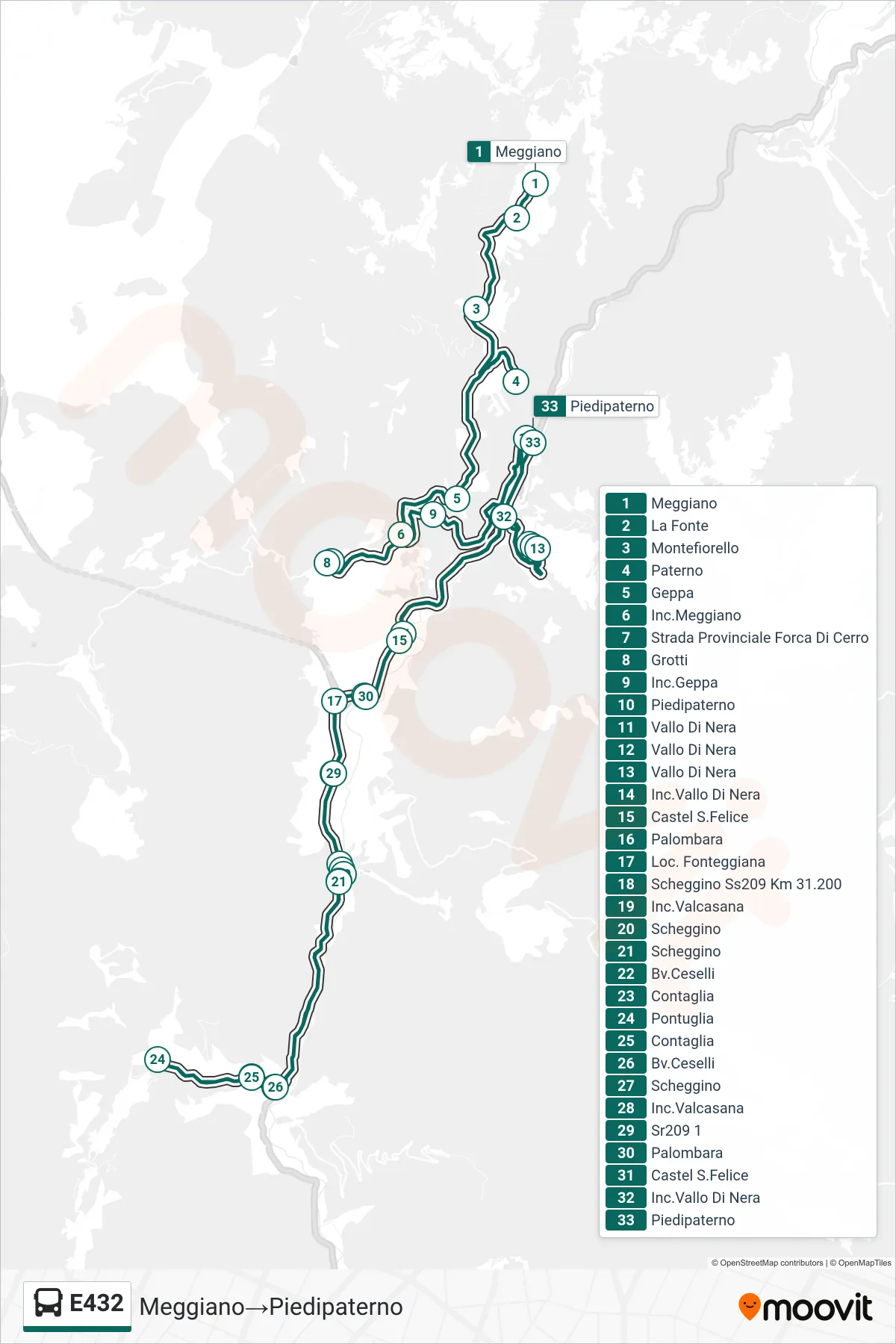 Linea E432 bus (Meggiano→Piedipaterno) - Percorsi e fermate sulla mappa
