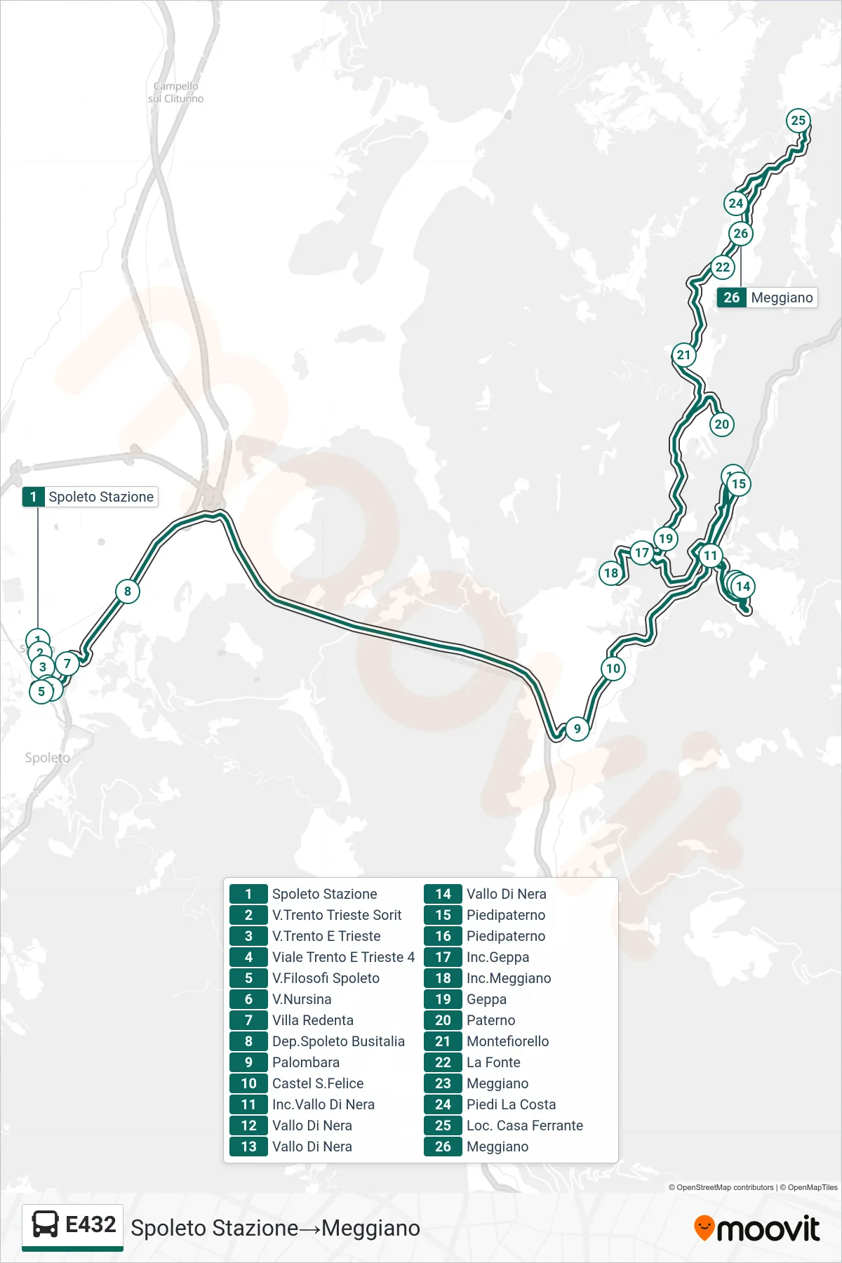 Linea E432  bus (Spoleto Stazione‎→Meggiano) - Percorsi e fermate sulla mappa