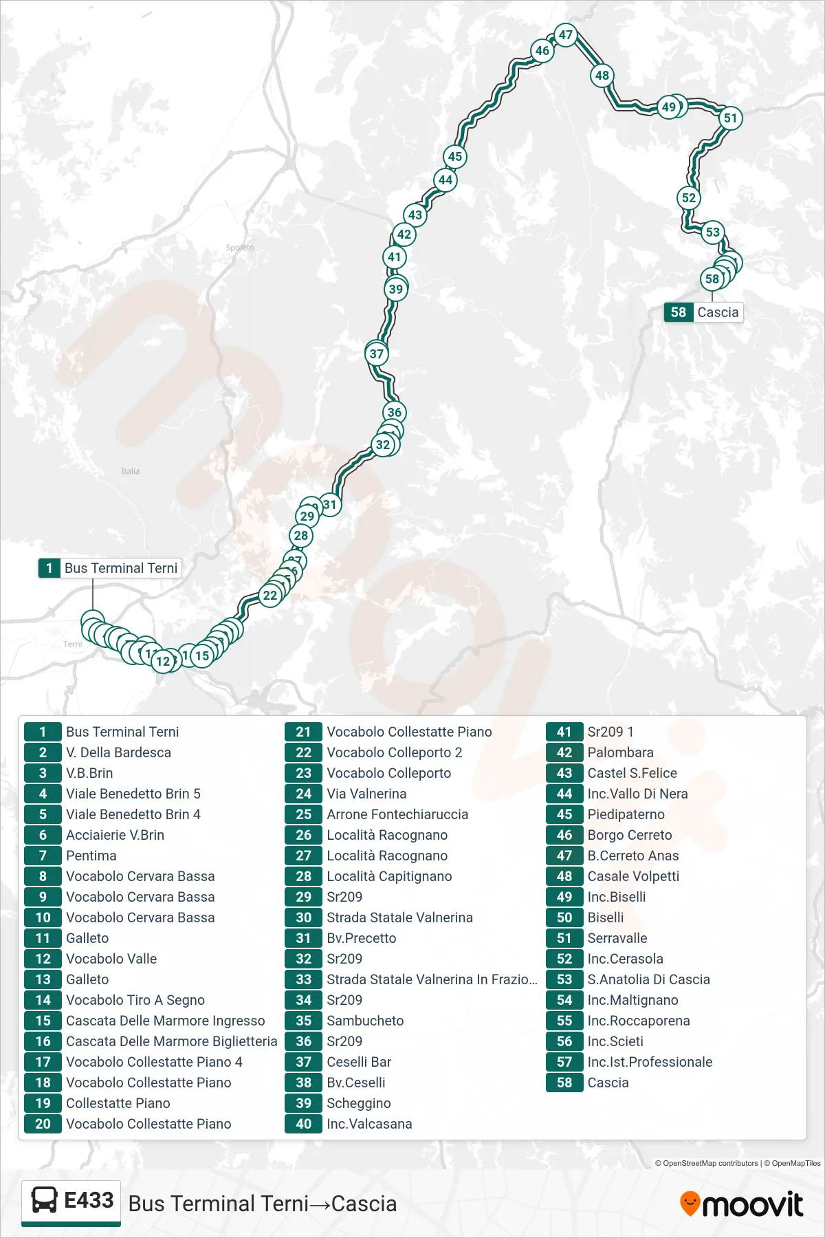 Linea E433  bus (Bus Terminal Terni‎→Cascia) - Percorsi e fermate sulla mappa