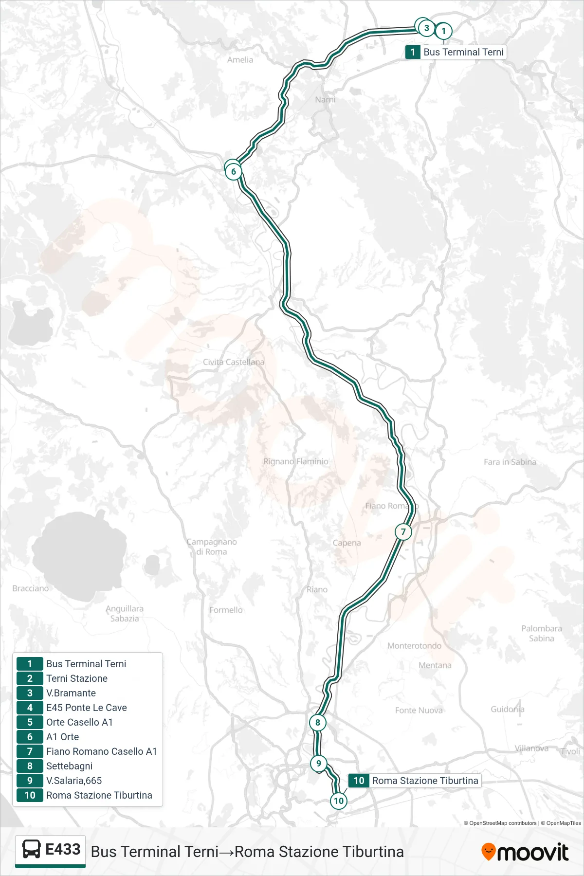 Linea E433  bus (Bus Terminal Terni‎→Roma Stazione Tiburtina) - Percorsi e fermate sulla mappa