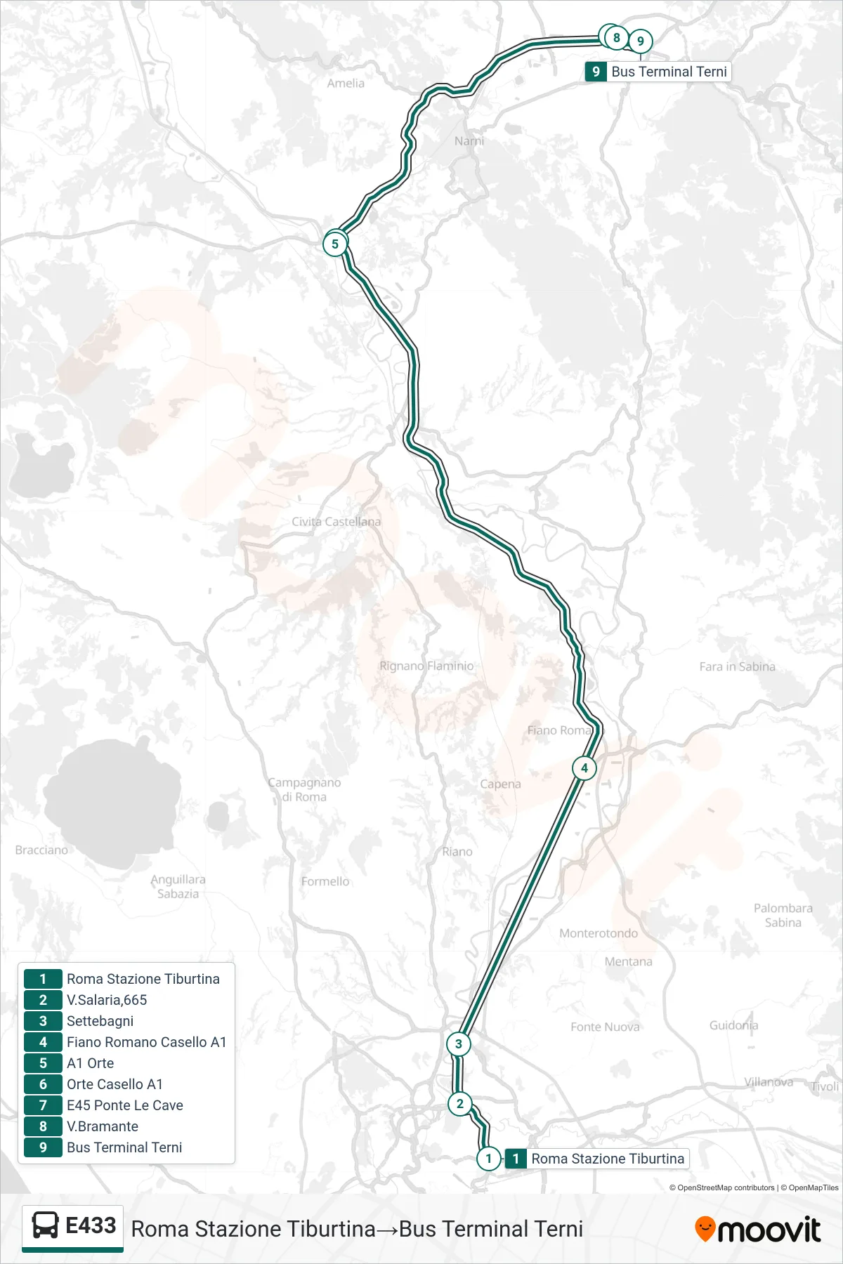 Linea E433  bus (Roma Stazione Tiburtina‎→Bus Terminal Terni) - Percorsi e fermate sulla mappa