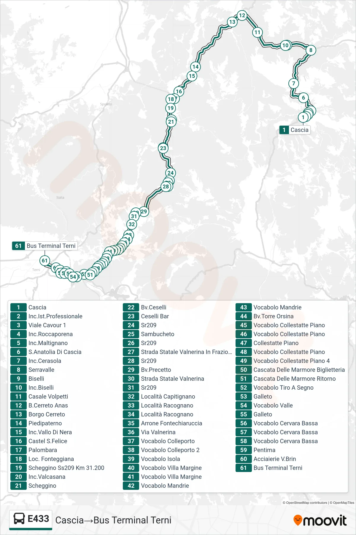 Linea E433 bus (Cascia→Bus Terminal Terni) - Percorsi e fermate sulla mappa