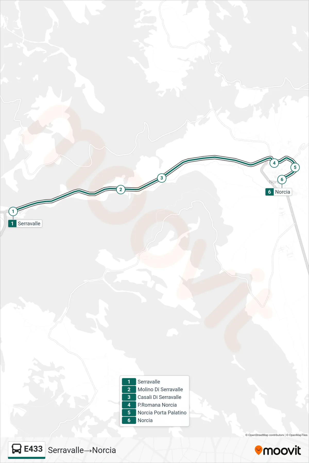 Linea E433 bus (Serravalle→Norcia) - Percorsi e fermate sulla mappa