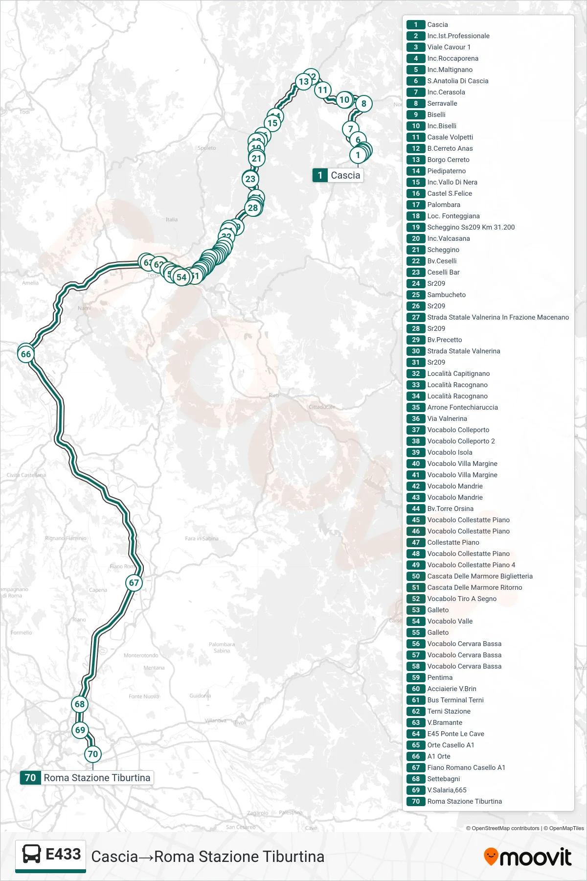 Linea E433 bus (Cascia→Roma Stazione Tiburtina) - Percorsi e fermate sulla mappa