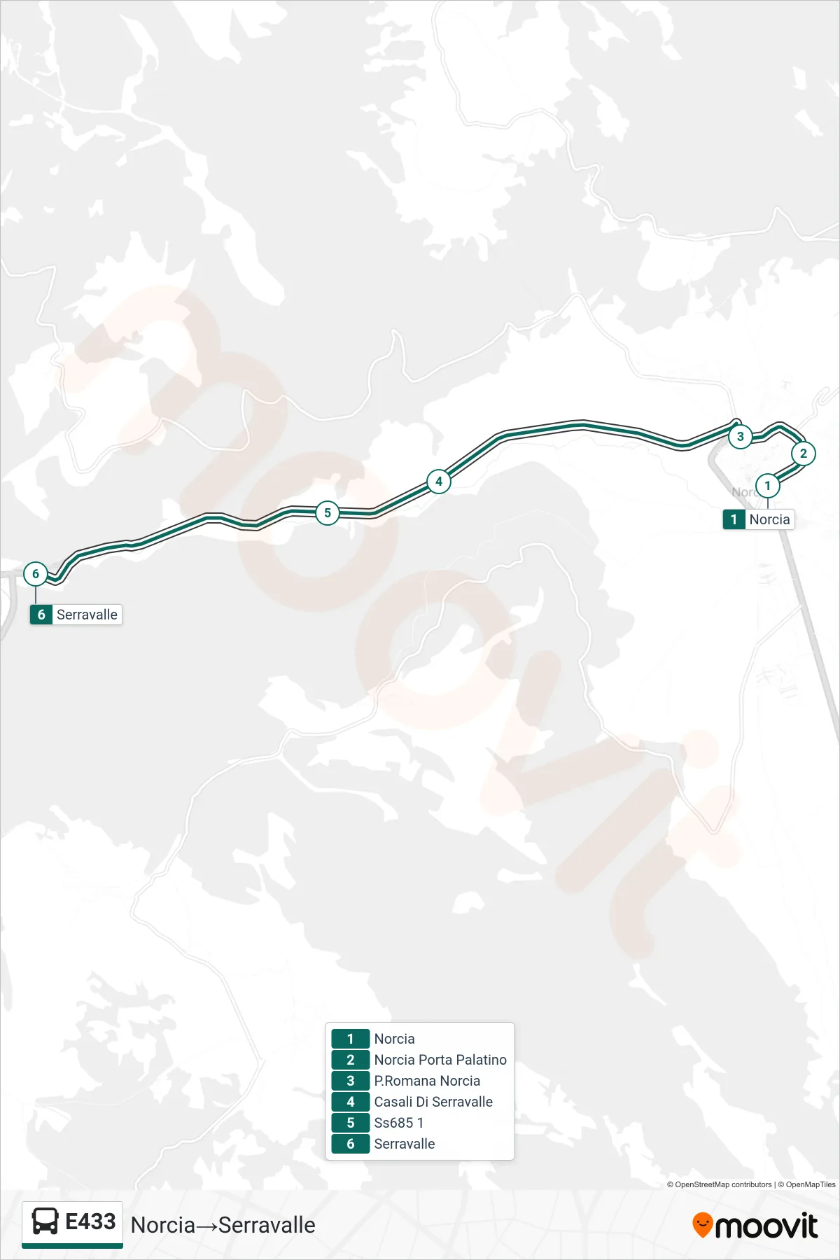 E433 bus Line (Norcia→Serravalle) route and stops on a map