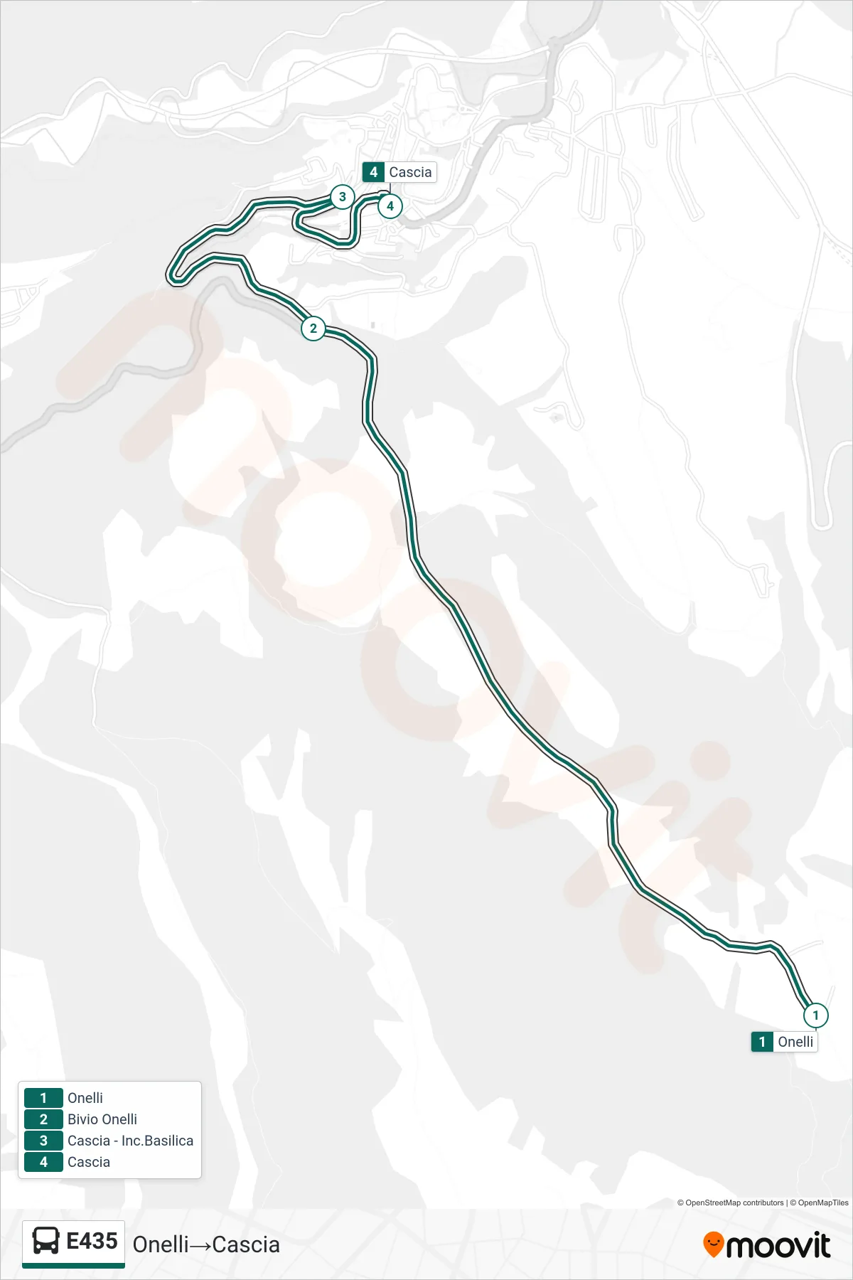 Linea E435 bus (Onelli→Cascia) - Percorsi e fermate sulla mappa