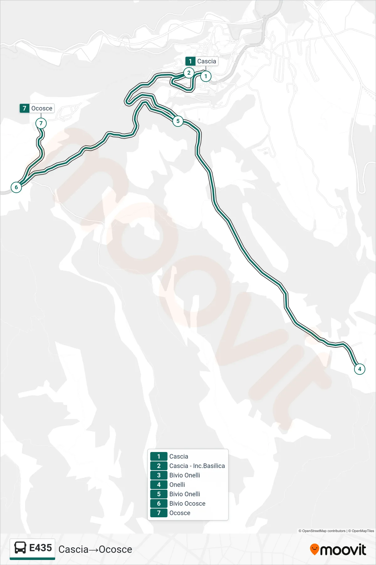 Linea E435  bus (Cascia‎→Ocosce) - Percorsi e fermate sulla mappa