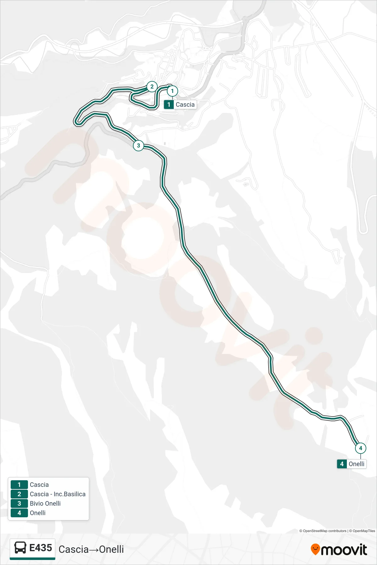Linea E435 bus (Cascia→Onelli) - Percorsi e fermate sulla mappa