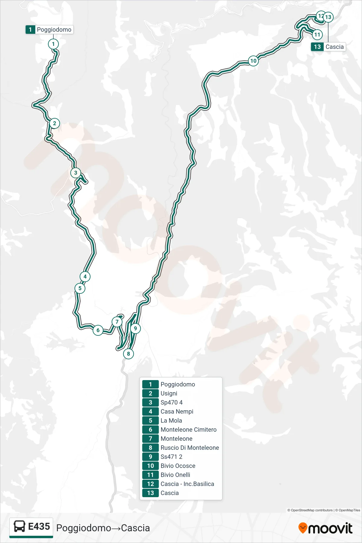 E435 bus Line (Poggiodomo→Cascia) route and stops on a map