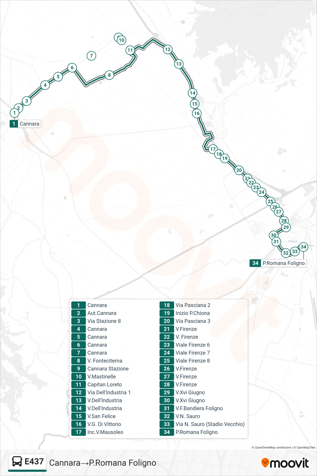 Linea E437 bus (Cannara→P.Romana Foligno) - Percorsi e fermate sulla mappa