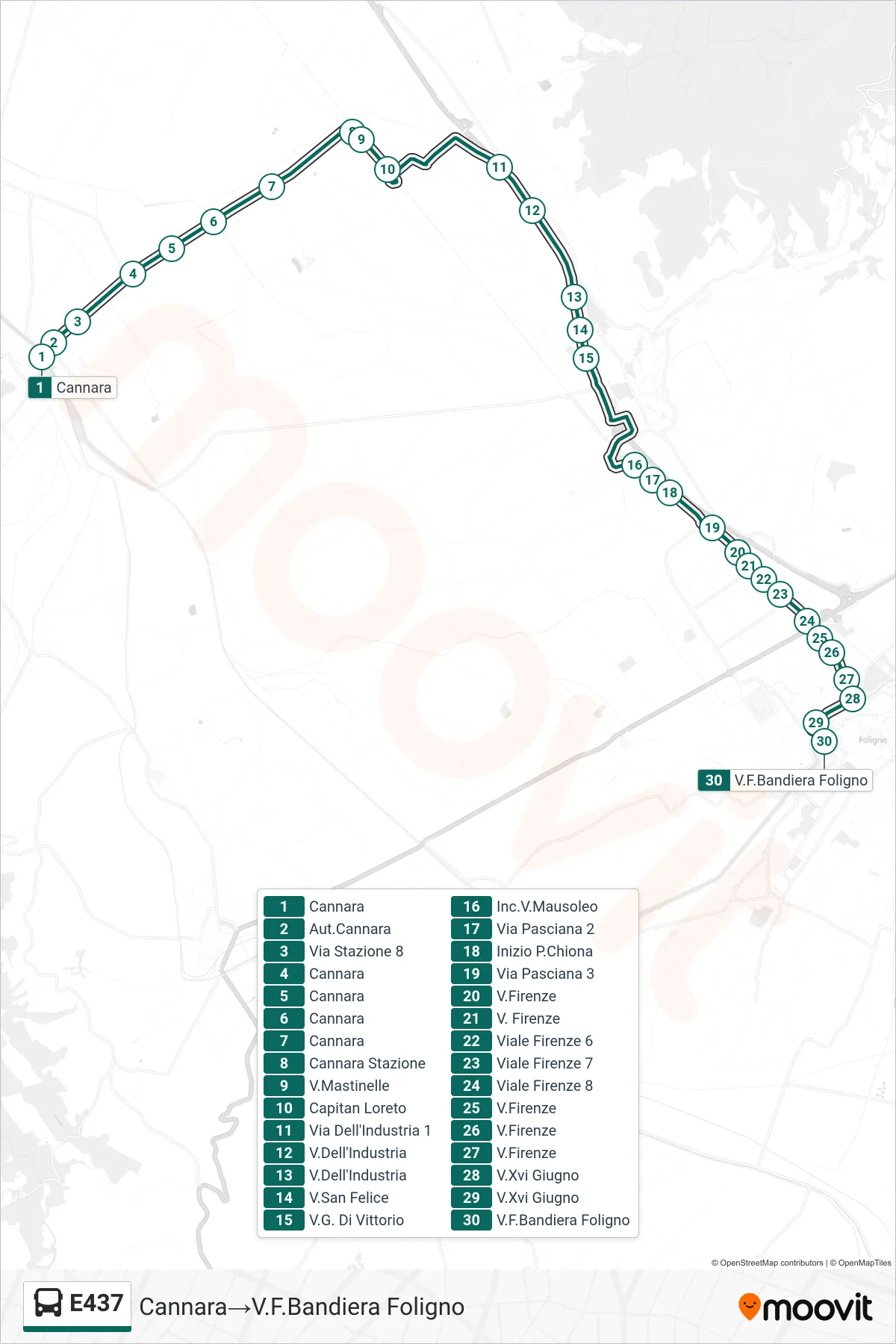 Linea E437 bus (Cannara→V.F.Bandiera Foligno) - Percorsi e fermate sulla mappa