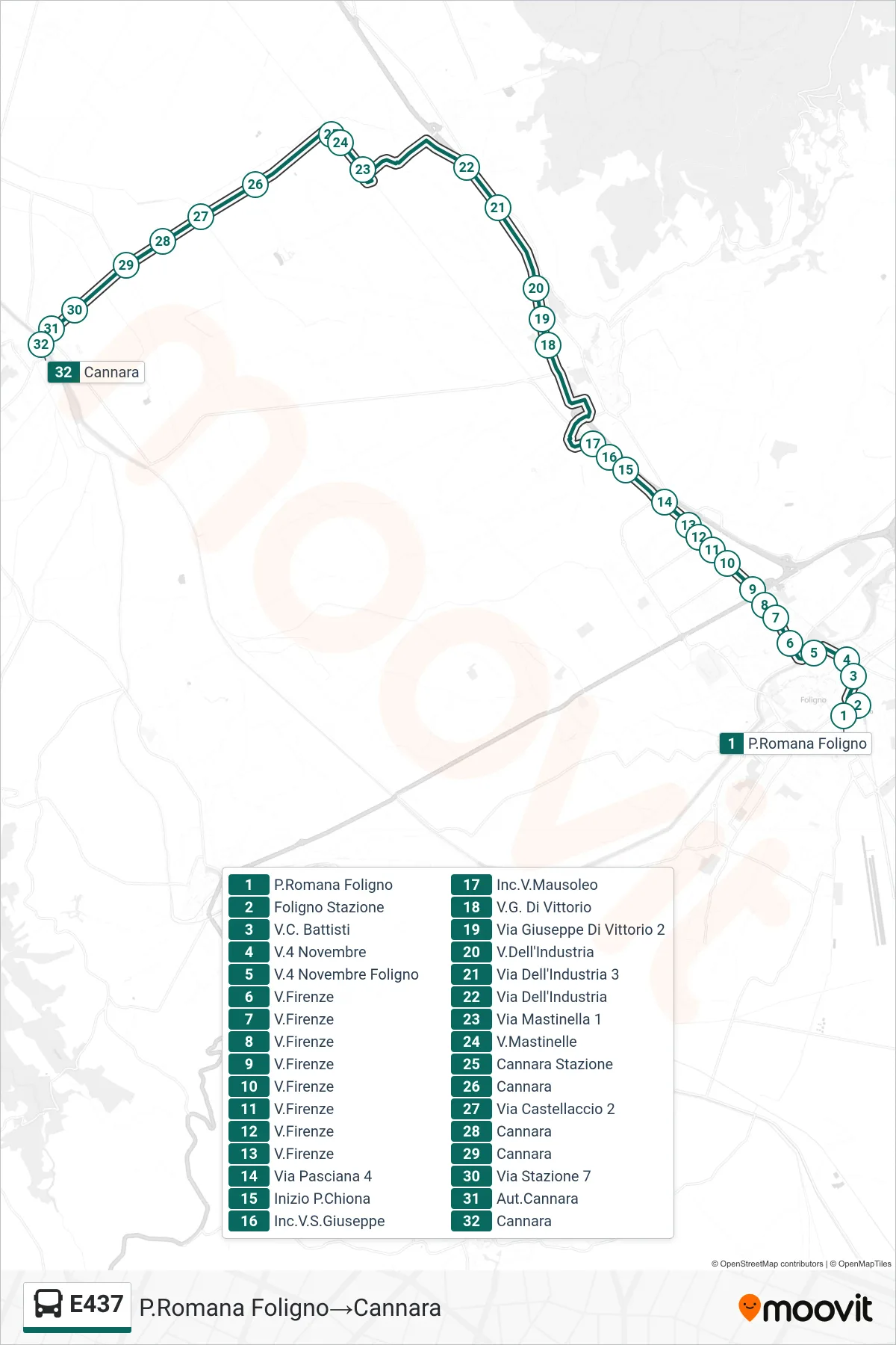 Linea E437  bus (P.Romana Foligno‎→Cannara) - Percorsi e fermate sulla mappa