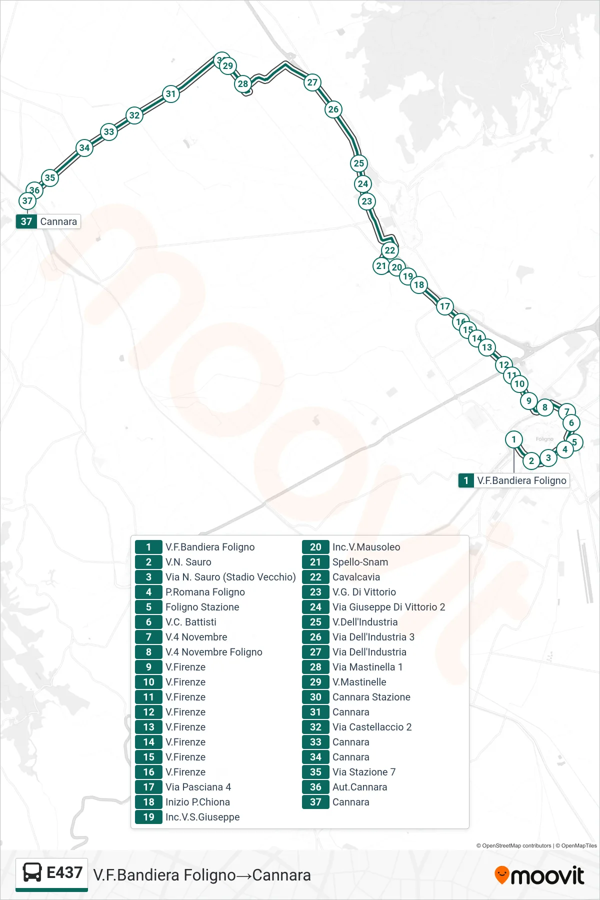 E437 bus Line (Via Bandiera Foligno→Cannara) route and stops on a map