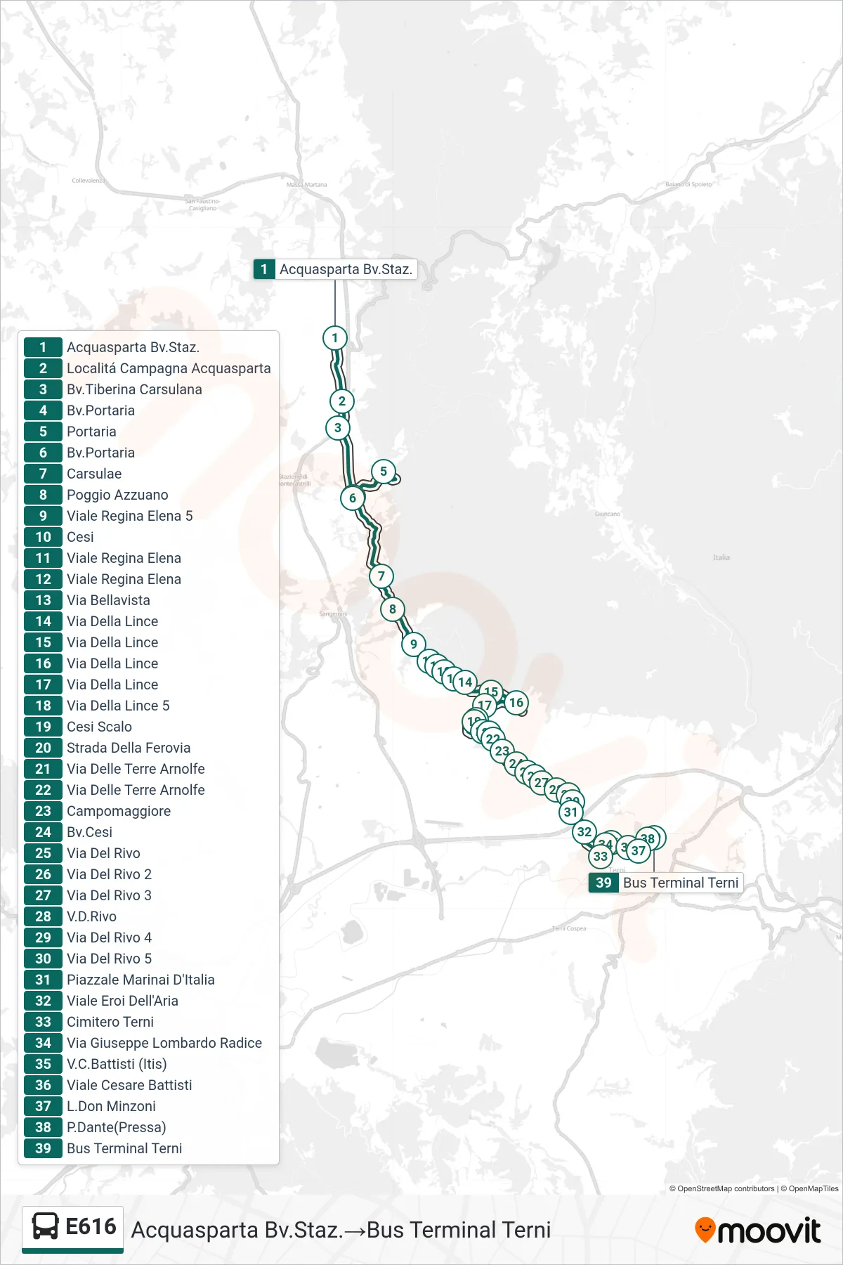 Linea E616  bus (Acquasparta Bv.Staz.‎→Bus Terminal Terni) - Percorsi e fermate sulla mappa