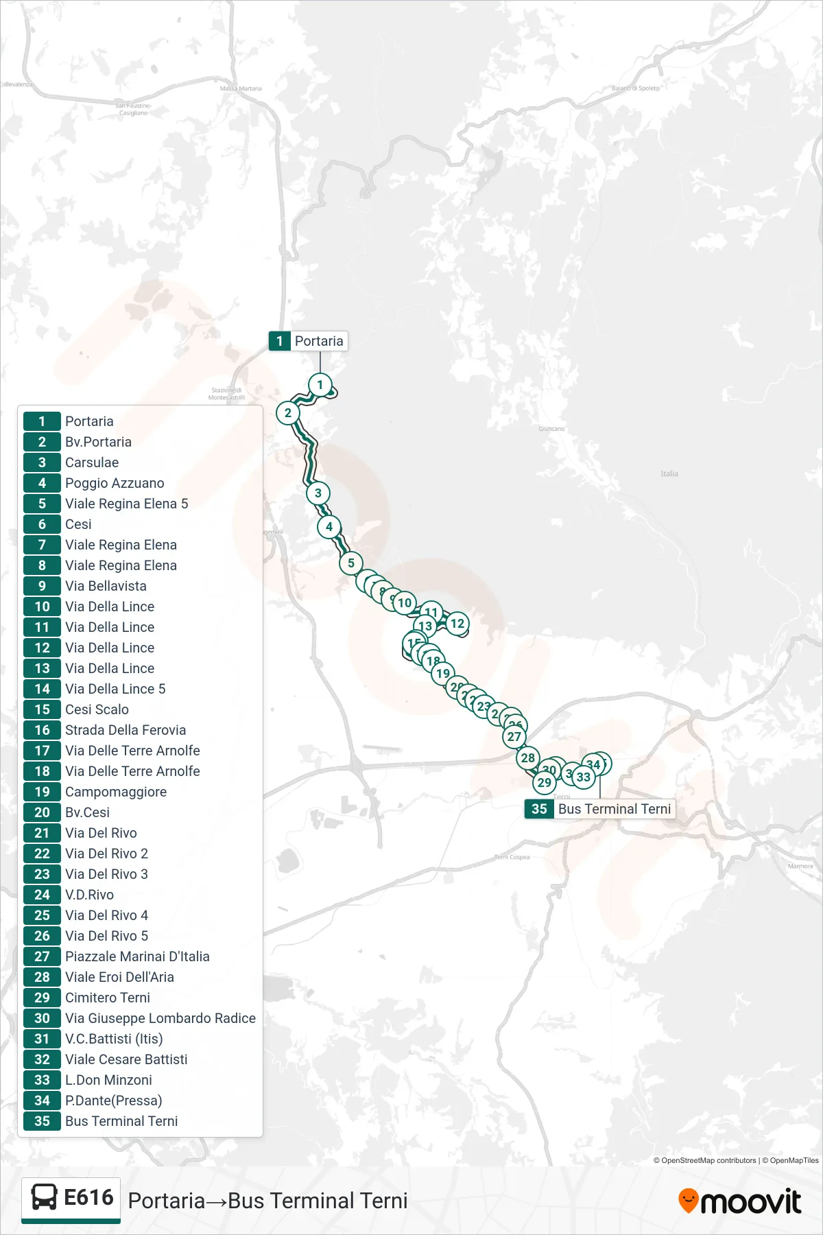 Linea E616 bus (Portaria→Bus Terminal Terni) - Percorsi e fermate sulla mappa